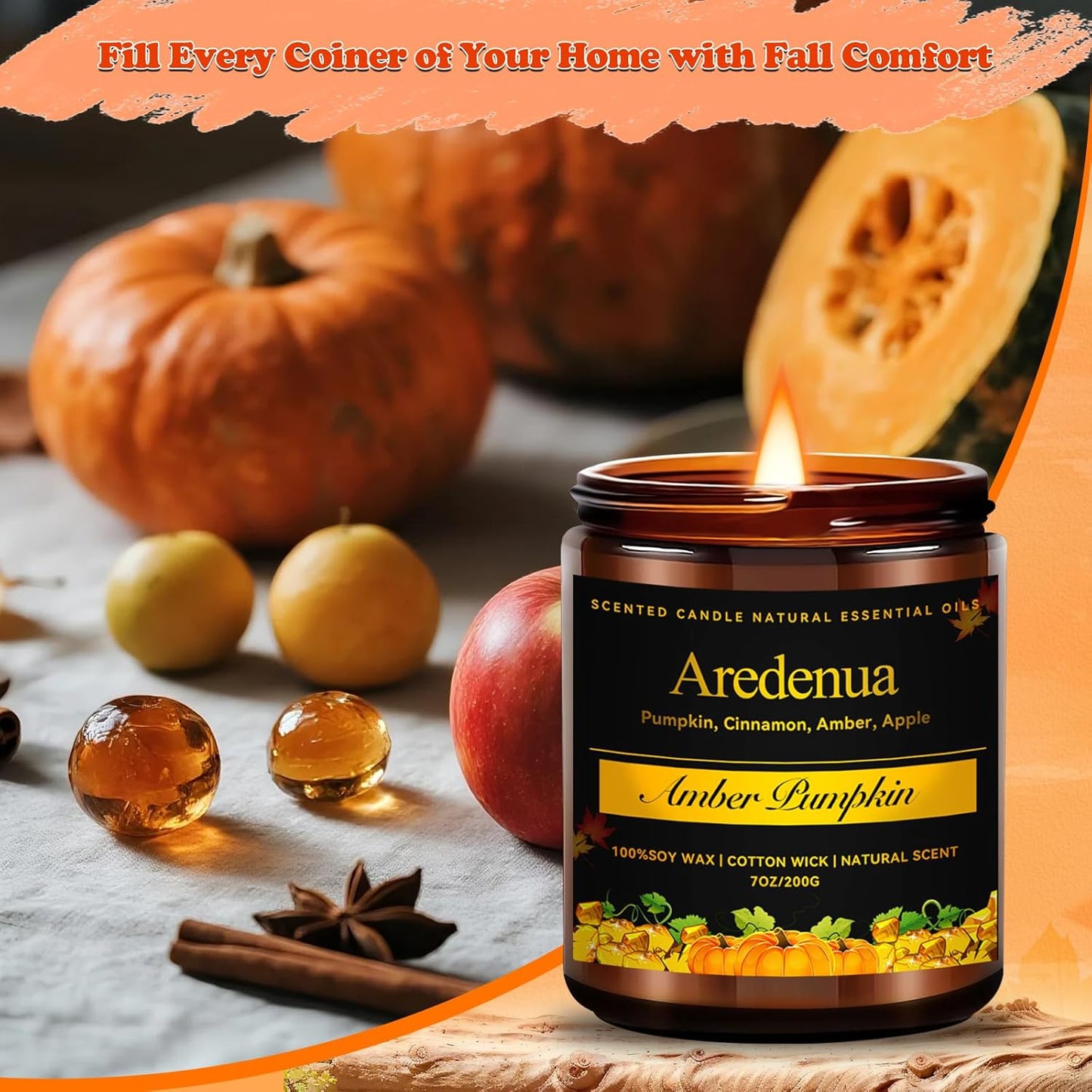Amber Pumpkin Candle | Fall Pumpkin Candles - Scented Candle for Autumn, 7oz Soy Candles for Home Scented, 50 Hours Burn Time, Harvest Holiday/Halloween/Thanksgiving Fall Gifts for Women Men