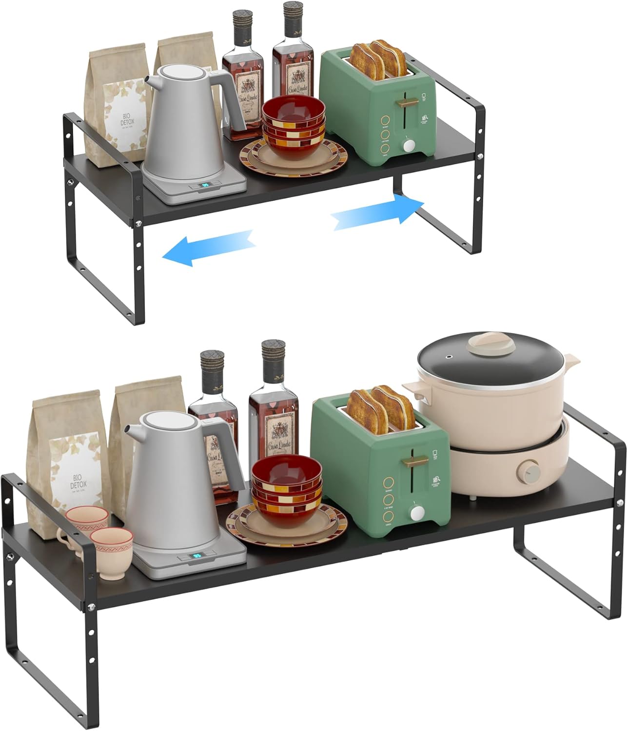 iPEGTOP Expandable Cabinet Storage Shelf Organizer, Heavy Duty Steel Metal Spice Rack Adjustable Height Home Office Garage Pantry Shelf Space Riser for Counter Kitchen Organization, Black, 1 Pack