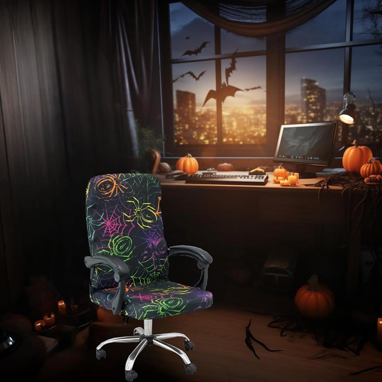 Halloween Office Chair CoversHorror Bloody Handprints Footprints on White Horror Theme Print Stretchable Slipcover for Modern Simplism Style High Back Boss Chair(No Chair) (Halloween06, M)…