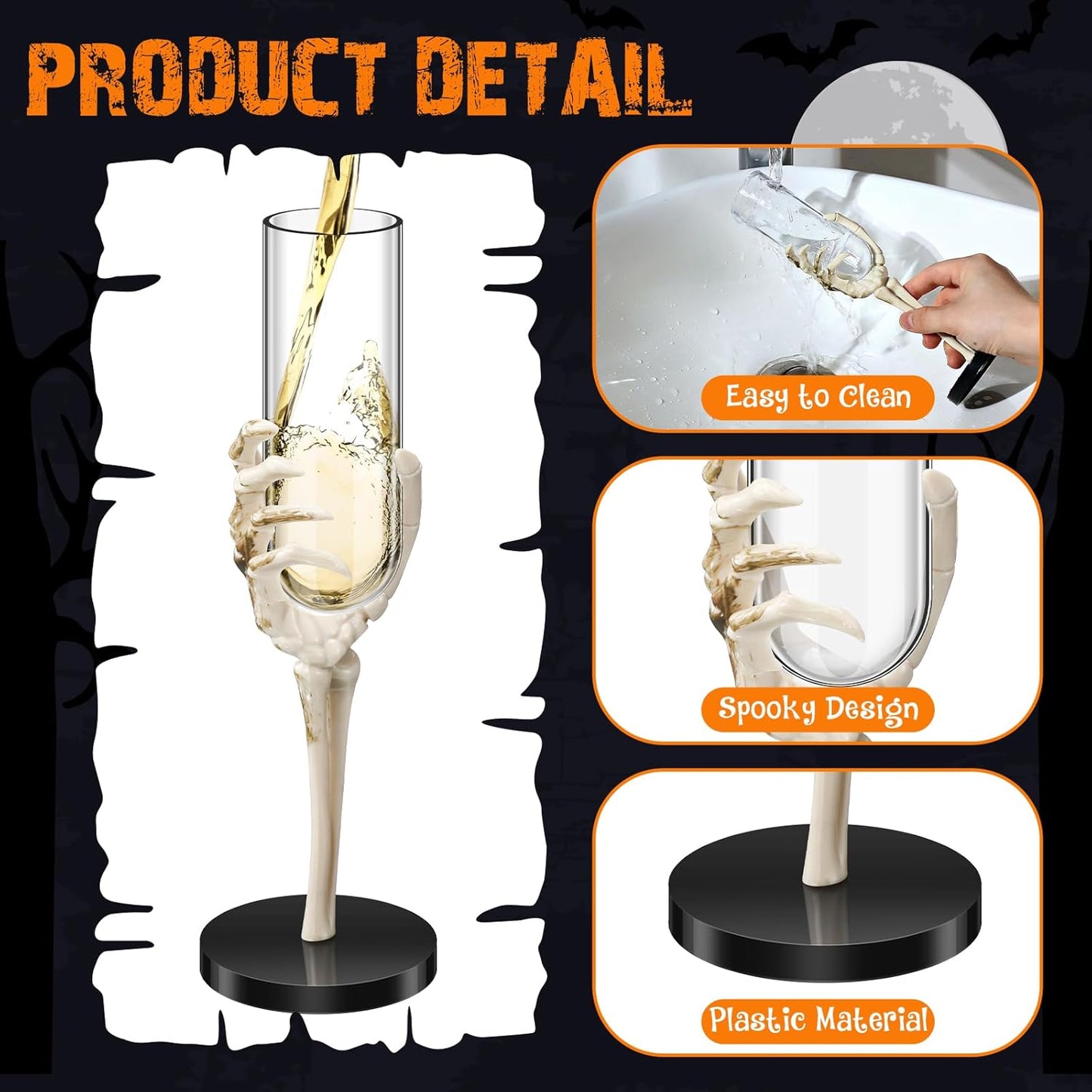 Yinkin 6 Pcs Halloween Skeleton Hand Wine Glass 2.7 oz Halloween Goblets with Skeleton Hand Plastic Champagne Flutes Spooky Creepy Cups for Haunted House Party Decorations