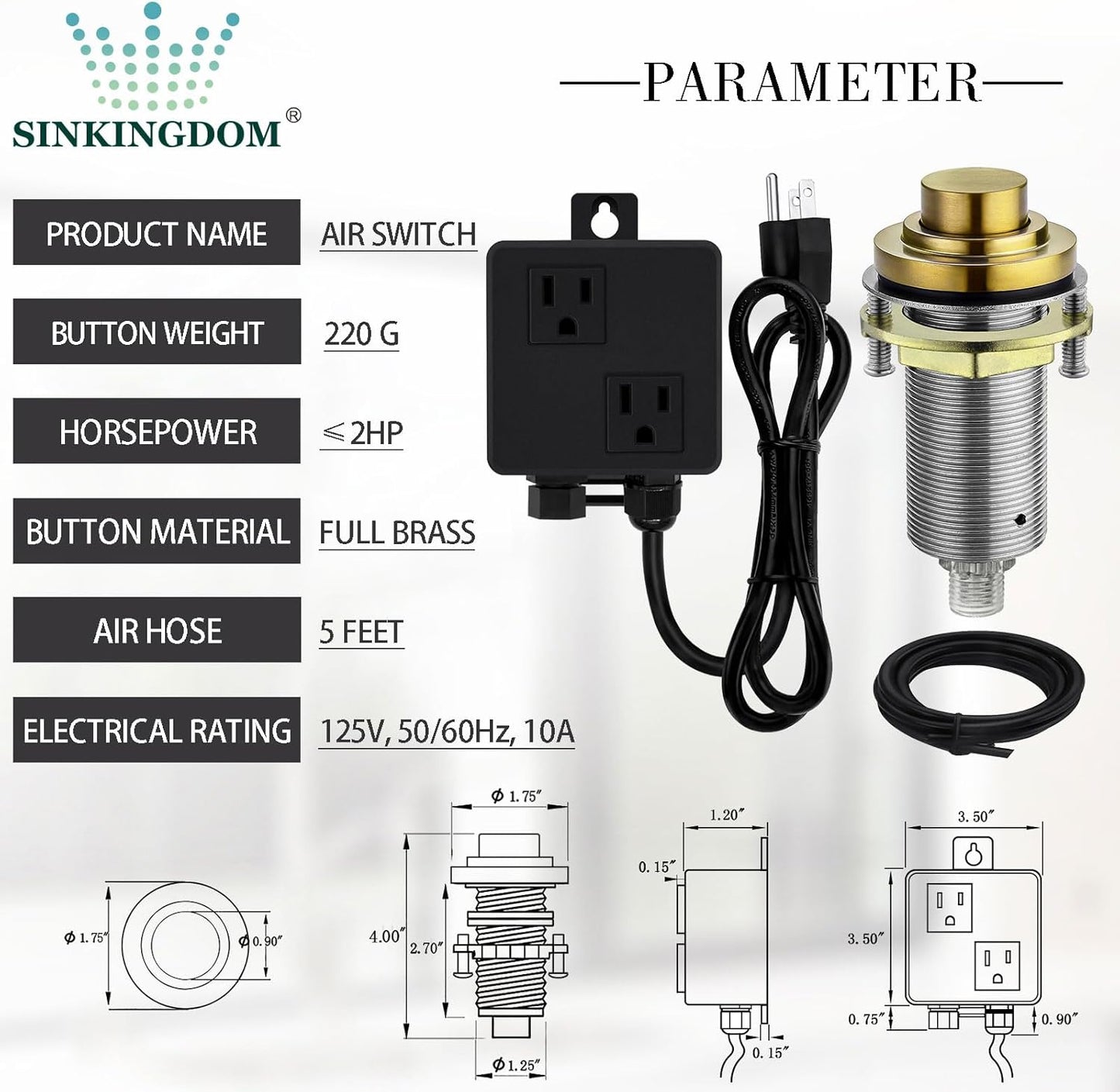SinkTop Air Switch Kit (Long Full Brass Button) for Disposal, Dual Outlet, (Champagne Bronze)