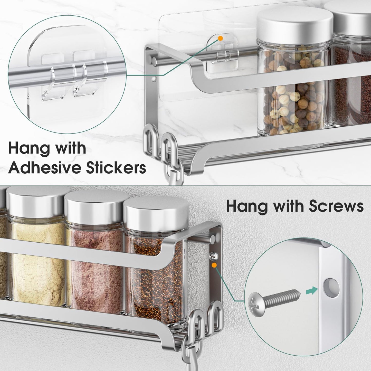 LUCYCAZ 2 Pack Wall Mounted Spice Rack with 16 Hooks, Spice Organizer Shelf for Stove Cabinet Pantry Door,Screw or Adhesive Spice Shelf Hanging Wall Spice Rack in Kitchen and RV (Silver, 2 PACK)