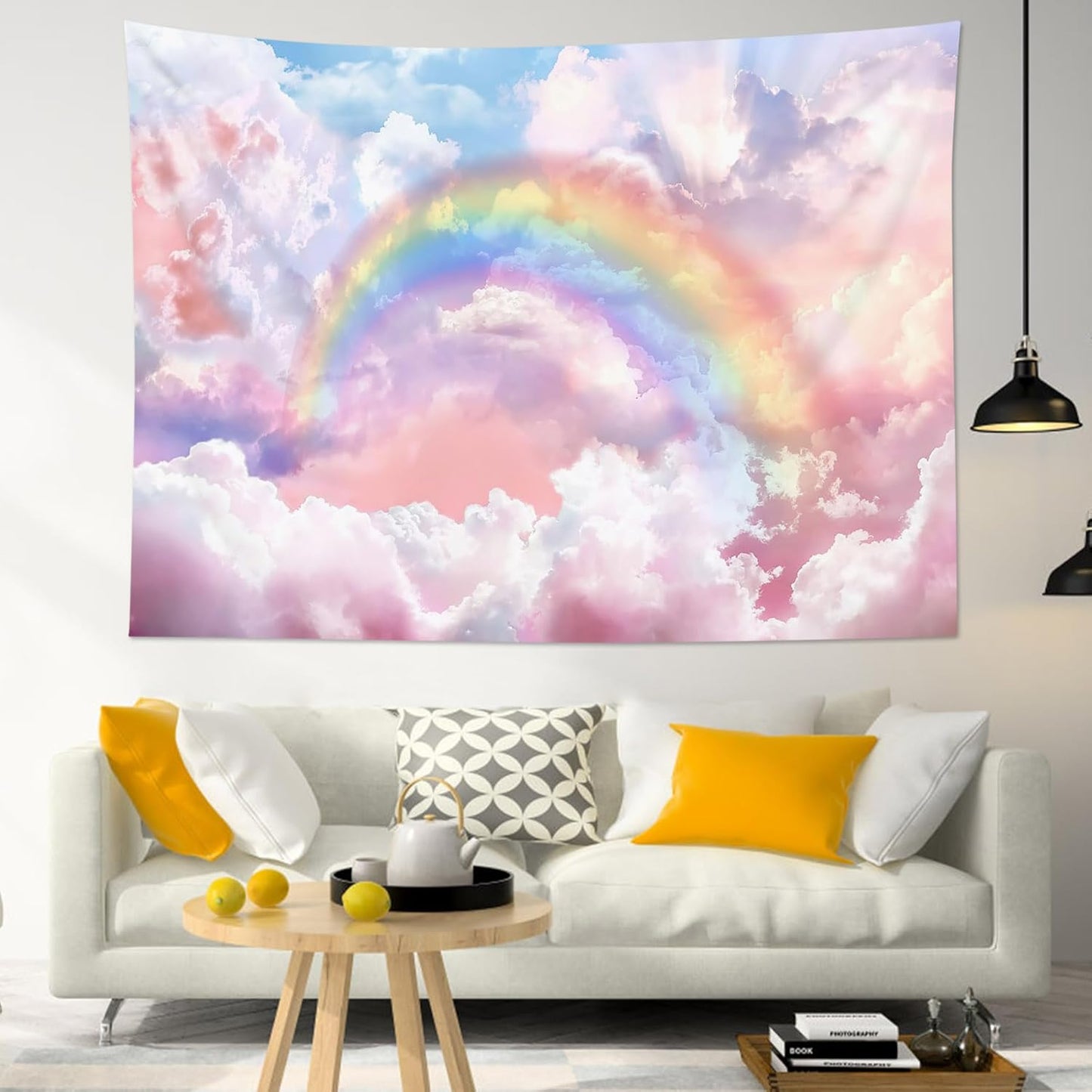 HVEST Rainbow Cloud Tapestry Wall Hanging - Rainbow and Pink Cloud With Glow Sunshine in Pastel Sky, Aesthetic Nature Landscape for Living Room Bedroom Decor, 59x51 Inches