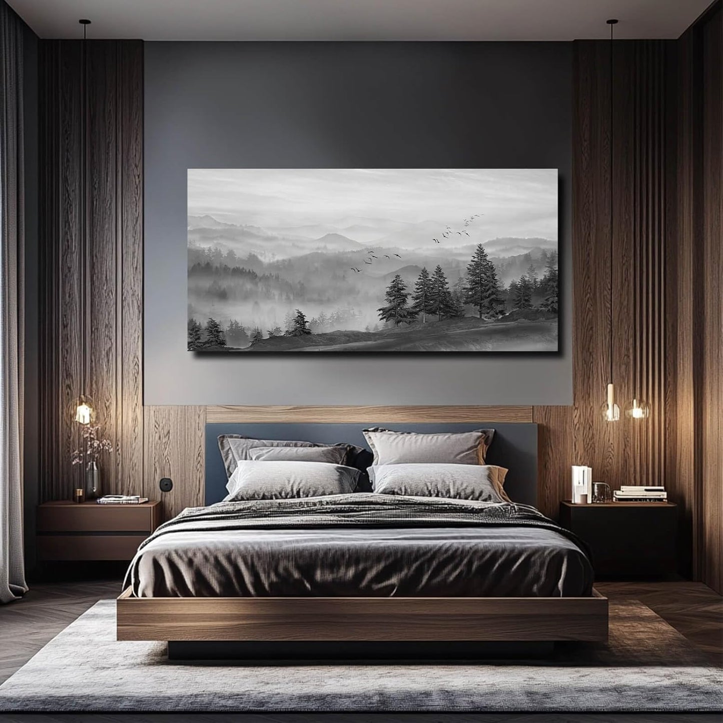 SOUGUAN Grey Wall Decor Foggy Mountain Wall Art Tree and Bird Pictures Artwork for Walls Living Room for Bedroom Kitchen Dining Room Home Office 30x60 Inch