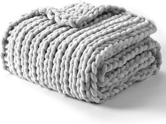 YnM Chunky Throw Blanket, Hand Knitted with Chenille Yarn, Skin Friendly, Ventilated and Breathable, Machine Washable, Home Décor Piece for Couch, Sofa and Bed (Glacier Grey, 60x80 Inch)
