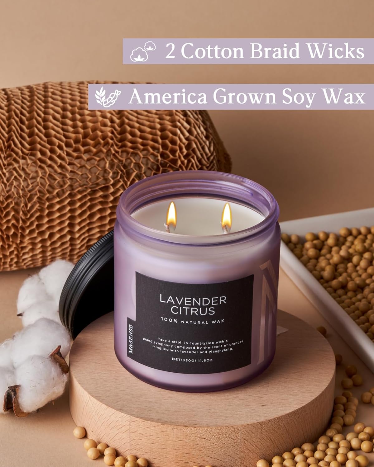 M&SENSE Soy Candles for Home Scented, 11.6oz Lavender Citrus Scent Aromatherapy 70H Burn Time, Stress Relief Gifts for Mom Girlfriend Teacher, Medium Jar Candle for Spa, Bath, Yoga