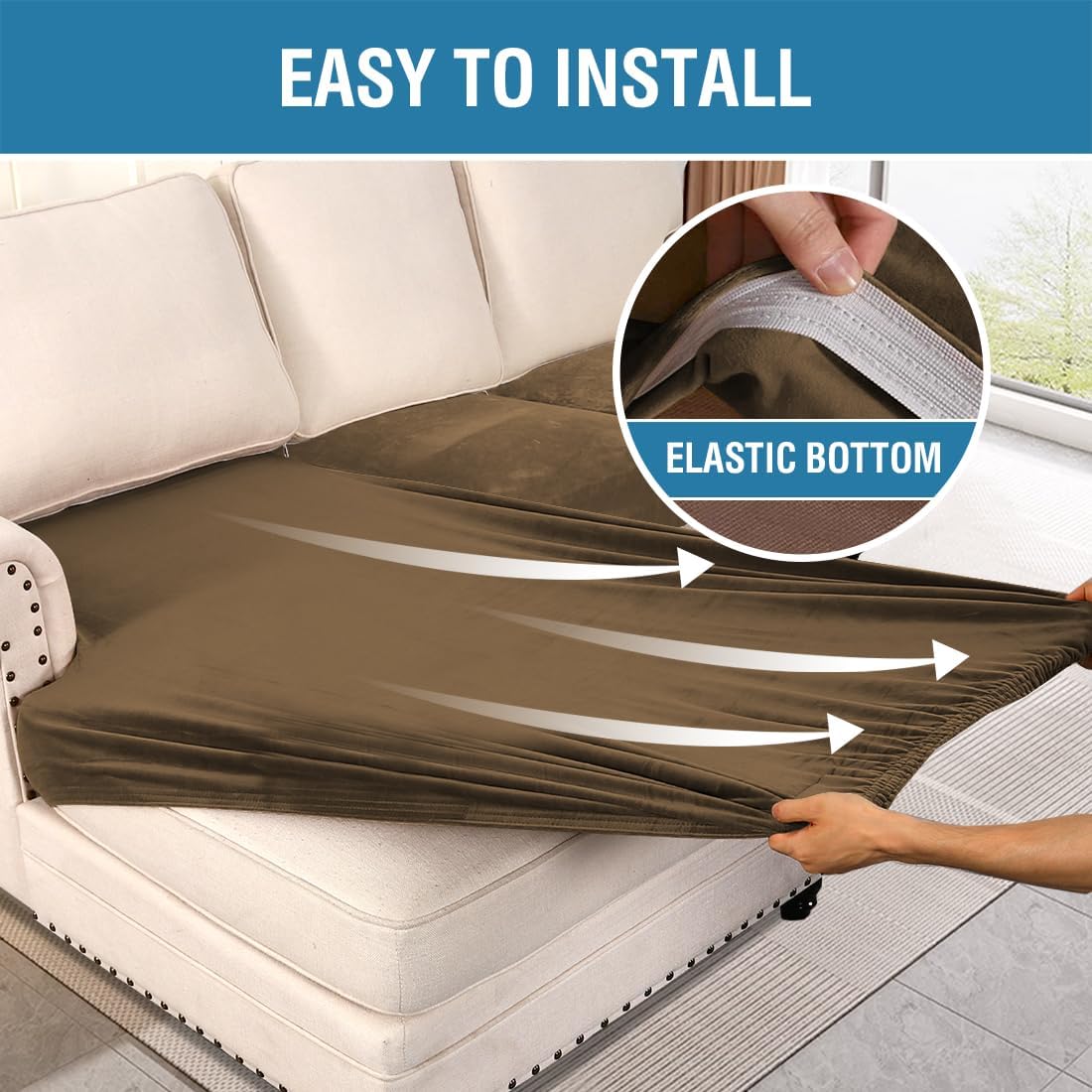 H.VERSAILTEX Velvet Stretch Sectional Couch Covers 4 Pieces Sofa Seat Cushion Covers L Shape Separate Couch Cover for Both Left/Right Sectional Couch (Large Sofa 3 Seater + 1 Chaise, Bronze Brown)