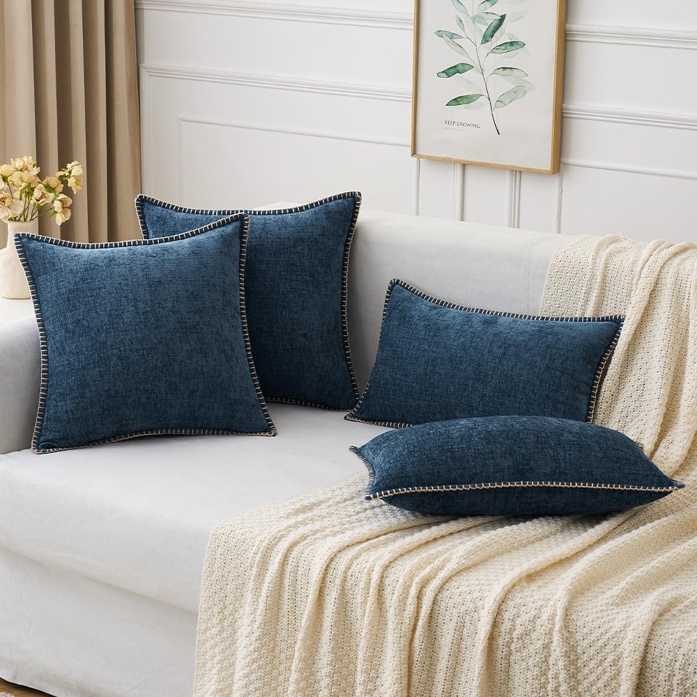 MIULEE Pack of 2 Couch Throw Pillow Covers 18x18 Inch Coastal Navy Blue Farmhouse Decorative Pillow Covers with Stitched Edge Soft Chenille Solid Dyed Spring Pillow Covers for Sofa Bed Living Room