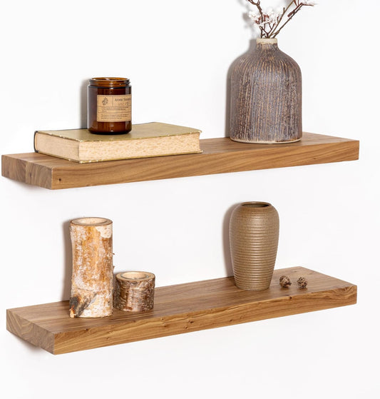 Wood Floating Shelves for Wall, 24" Floating Shelves Wall Mounted, Rustic Old Elm Wood Shelf for Home Decor, Heavy-Duty Storage Shelves for Books, Bathroom, Kitchen, Natural Color, Set of 2