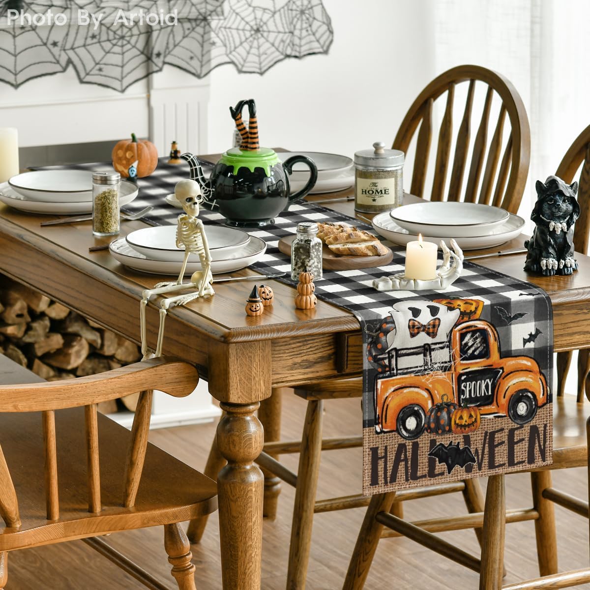 Artoid Mode Buffalo Plaid Bat Pumpkin Ghost Truck Spooky Halloween Table Runner, Sensonal Kitchen Dining Table Decoration for Home Party Decor 13x108 Inch