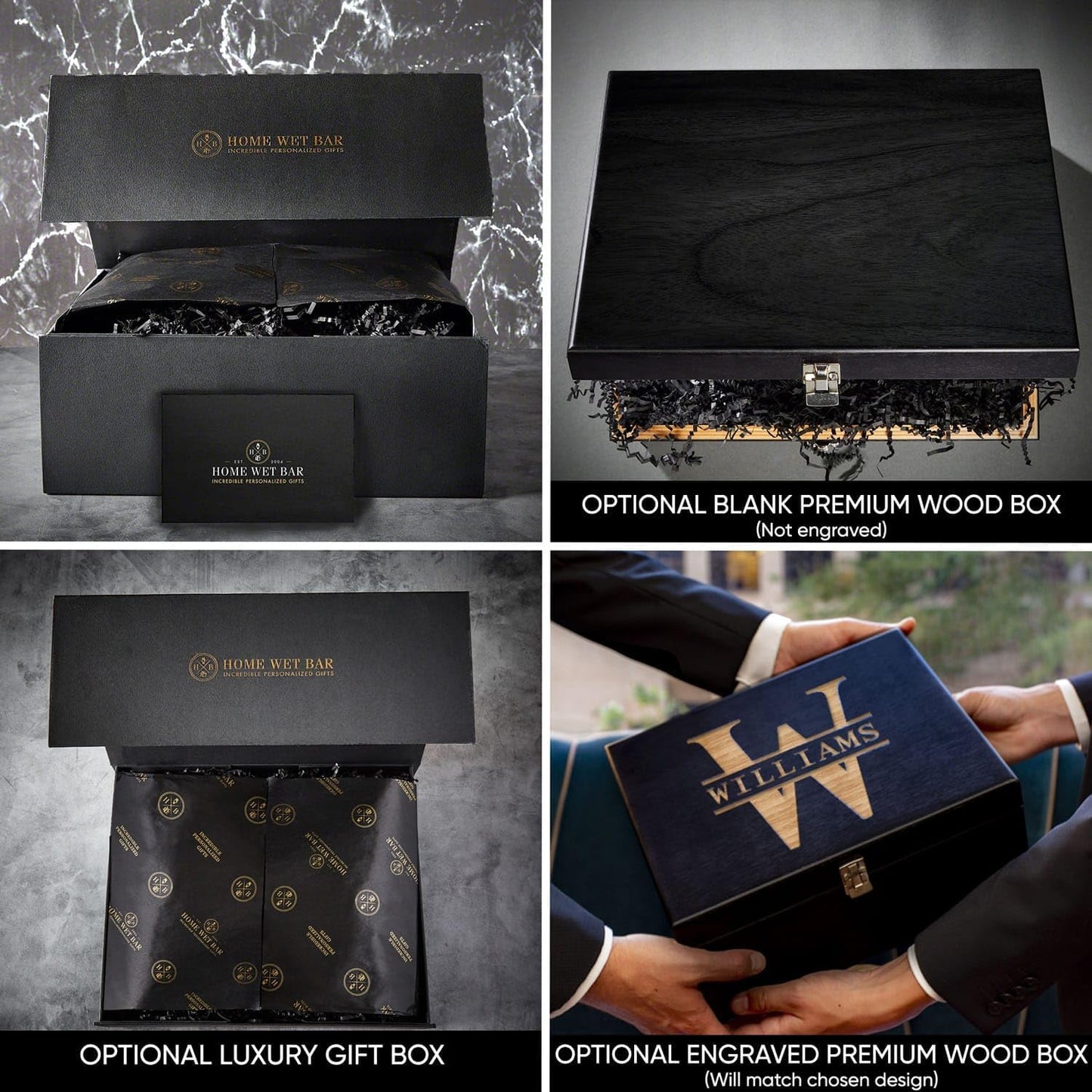 Personalized Bourbon Decanter Set with 4 Glasses by HomeWetBar - Custom Wood Gift Box