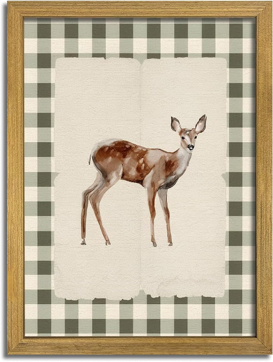 Wood Framed Deer Wall Art Print, Woodland Baby Deer Canvas Poster Wall Decor, Vintage Rustic Green Gingham Farmhouse Animal Picture for Living Room Kitchen Bedroom Nursery Decor, 12x16 inch