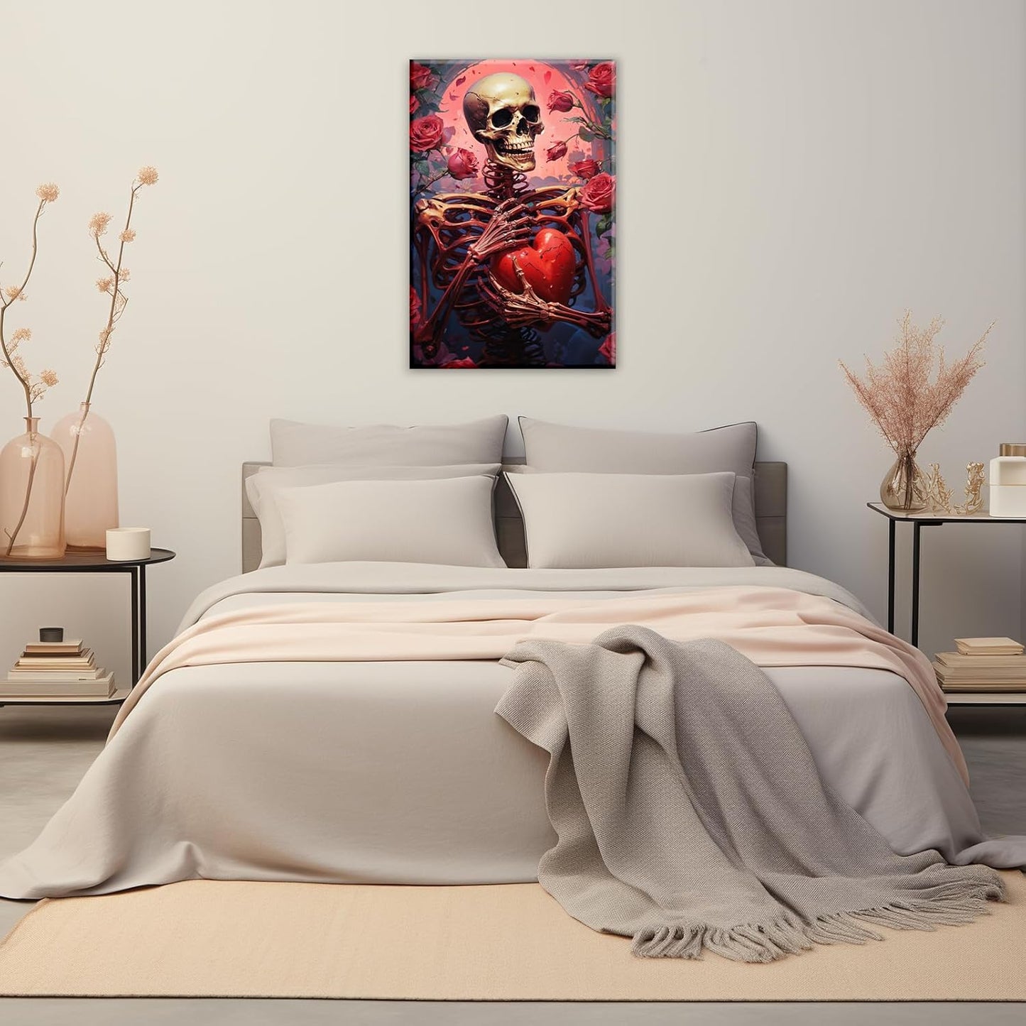 OAAPITI Skull Skeleton Canvas Wall Art Skull Holding Heart Picture Print Romantic Theme Painting Artwork Gothic Poster Wall Decor Living Room Halloween Decor(Artwork-1,12"x18")
