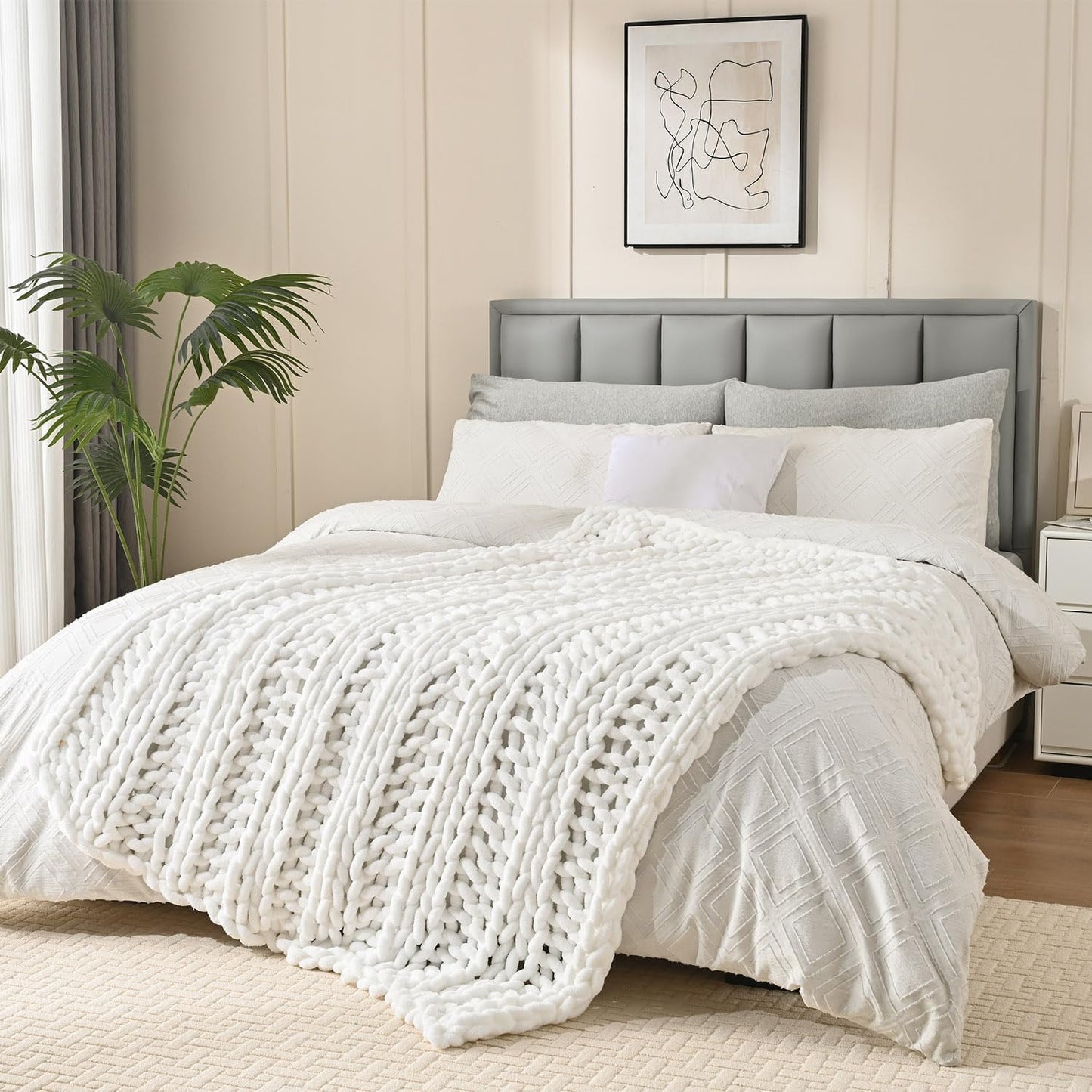 Esterra Chunky Knit Blanket Throw, 100% Handmade Chenille Throw Blanket 50"x60", Soft Thick Yarn Cable Knit Crochet Throw Blanket Rope Knot Throw for Couch Bed Sofa, Bright White