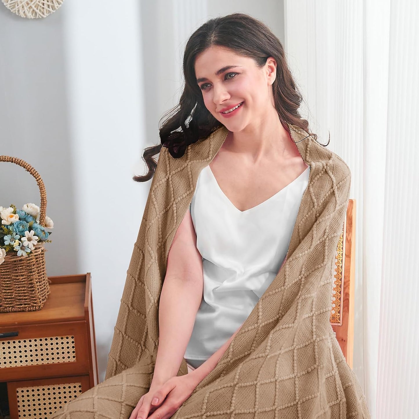 inhand Knitted Throw Blankets for Couch and Bed, Soft Cozy Knit Blanket with Tassel, Khaki Lightweight Decorative Blankets and Throws, Farmhouse Warm Woven Blanket for Men and Women, 60"x80"