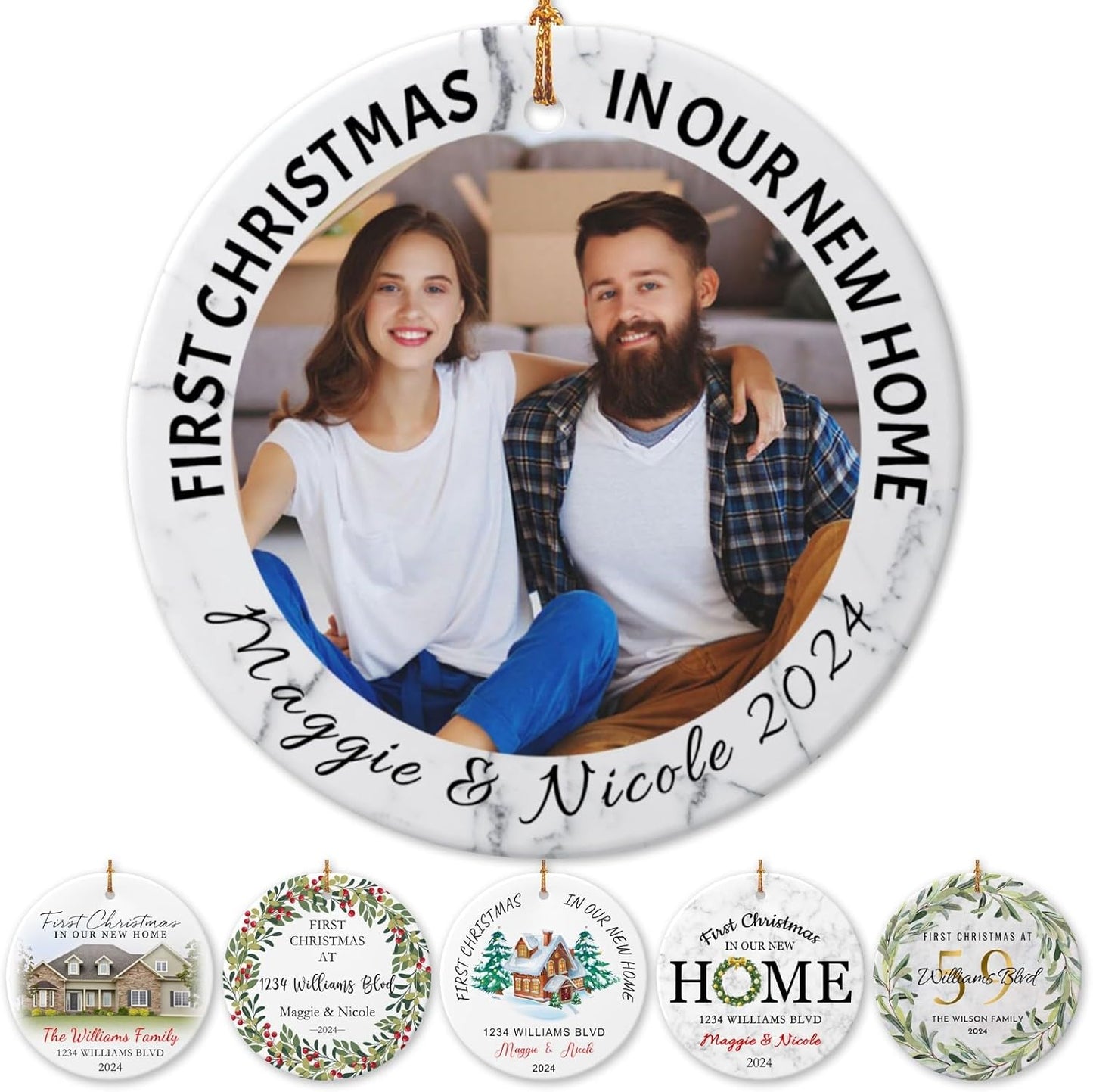 Personalized New Home Ornament 2025 w/Photo & Address, Custom First Christmas in Our New Home Ornaments,Double-Sided Ceramic Customized New House Xmas Ornaments