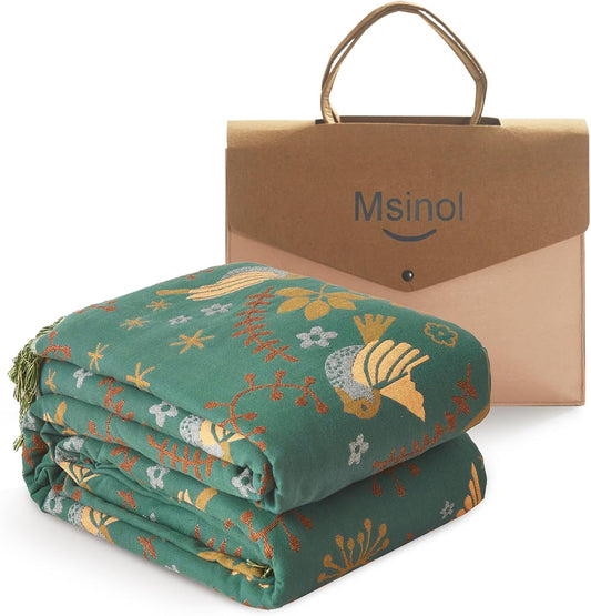 Luxury Throw Blanket Cotton Muslin Throw Blanket for Couch Breathable Floral Blanket Throw for Sofa Couch Chair Home Decoration (80"x90",01-Cute Bird)