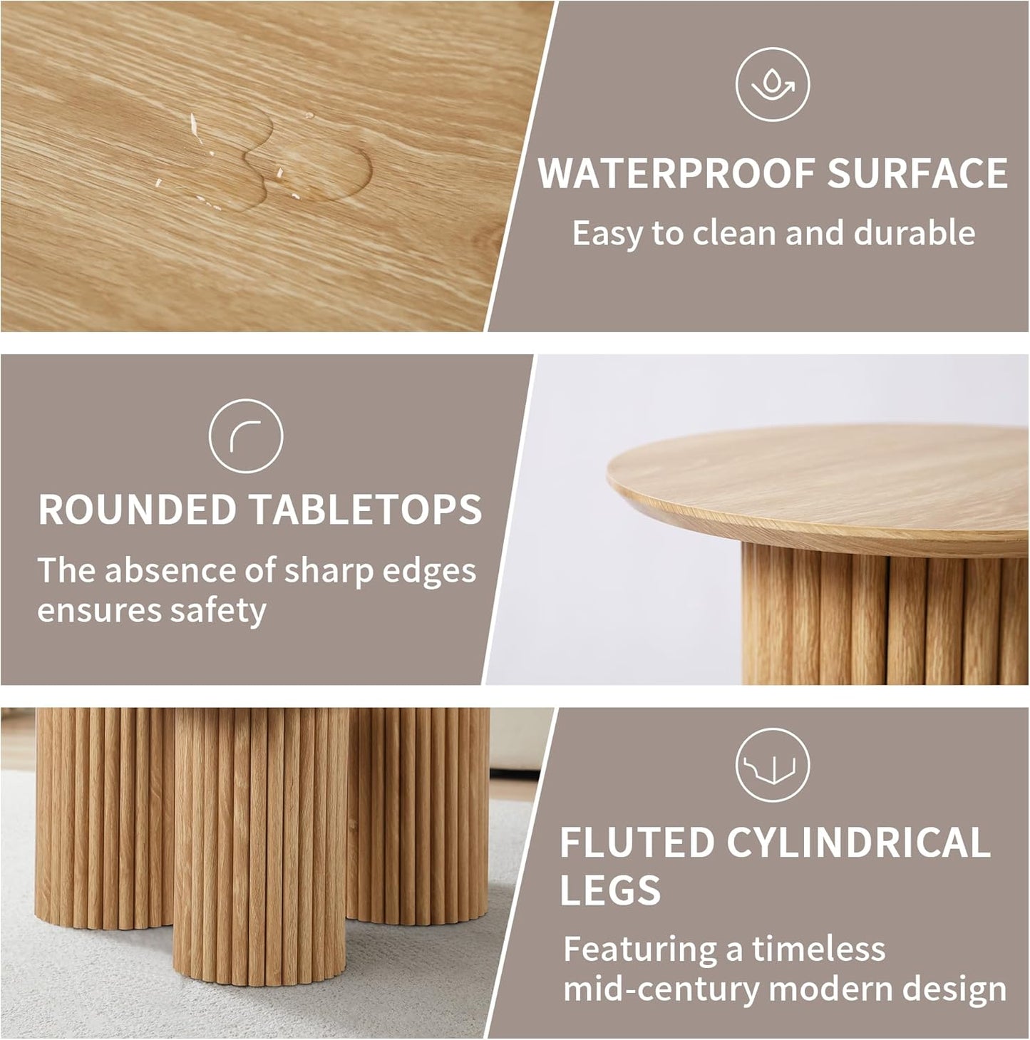 Round Nesting Coffee Table Set of 3,Mid Century Modern Fluted Coffee and End Table Set,Small Circle Wooden Side Table Drink Table for Living Room (Natural)