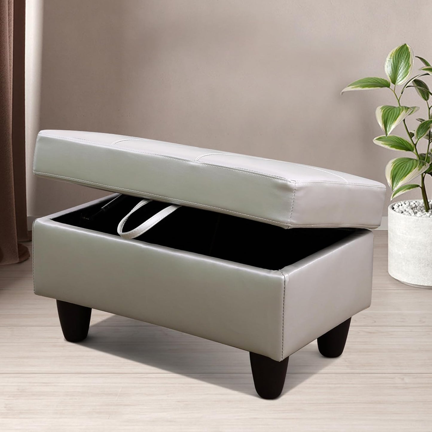Ottoman Rectangular Storage Ottoman Bench, Faux Leather Footrest, Coffee Table, Stool Footstool with Hinged Lid for Living Room, Bedroom, Entryway, Silver Gray, 28.5"x19"x17.5"