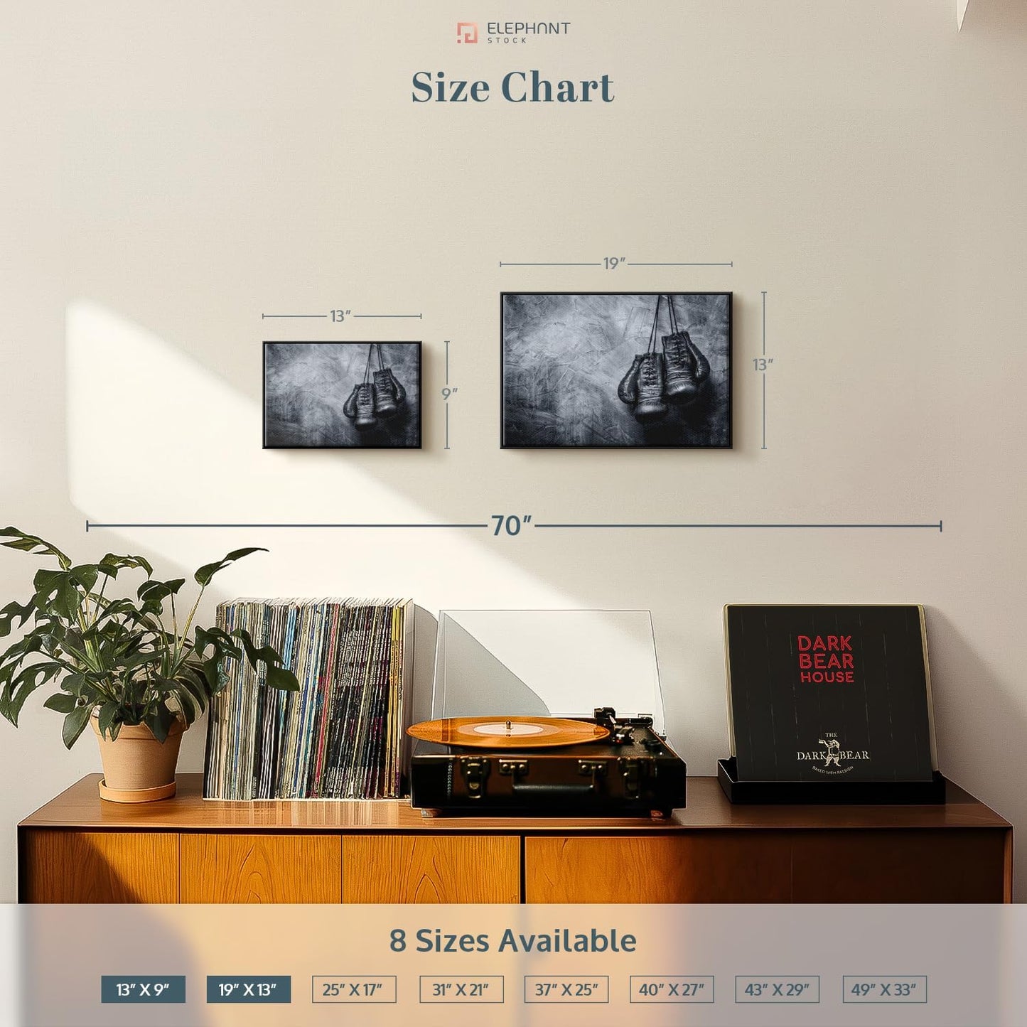 ElephantStock Boxing Gloves Wall Art - Horizontal Framed Canvas - 1-Piece Living Room Wall Decor - Photography Sports Canvas Print - Black and Gray Decor for Wall - 19" X 13"