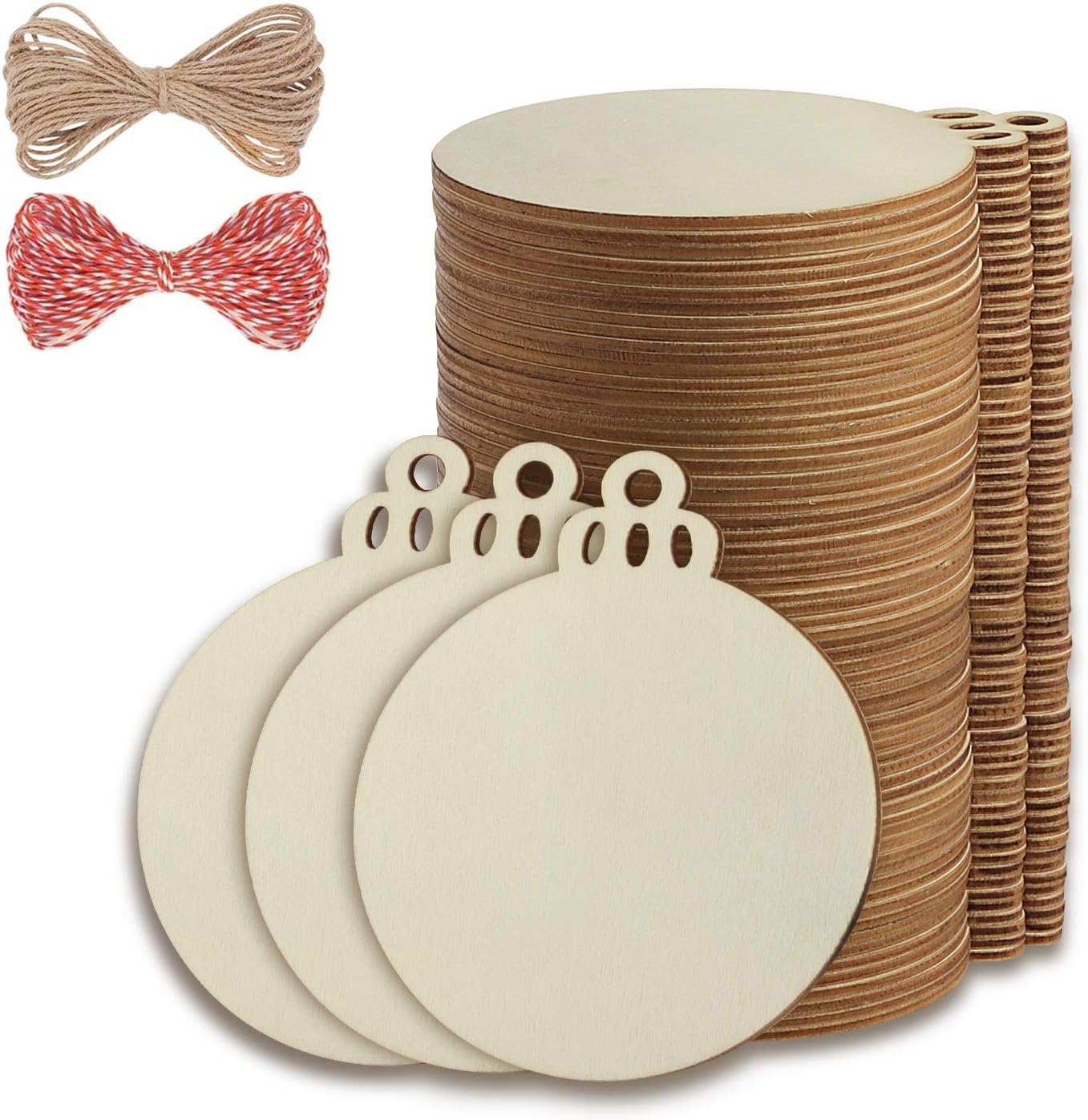 Fuyit 100Pcs 4 Inch Wooden Christmas Ornaments Unfinished Predrilled Wood Slices with Holes, Uniform Wood Round Circles Blank Discs for DIY Crafts Party Decorations