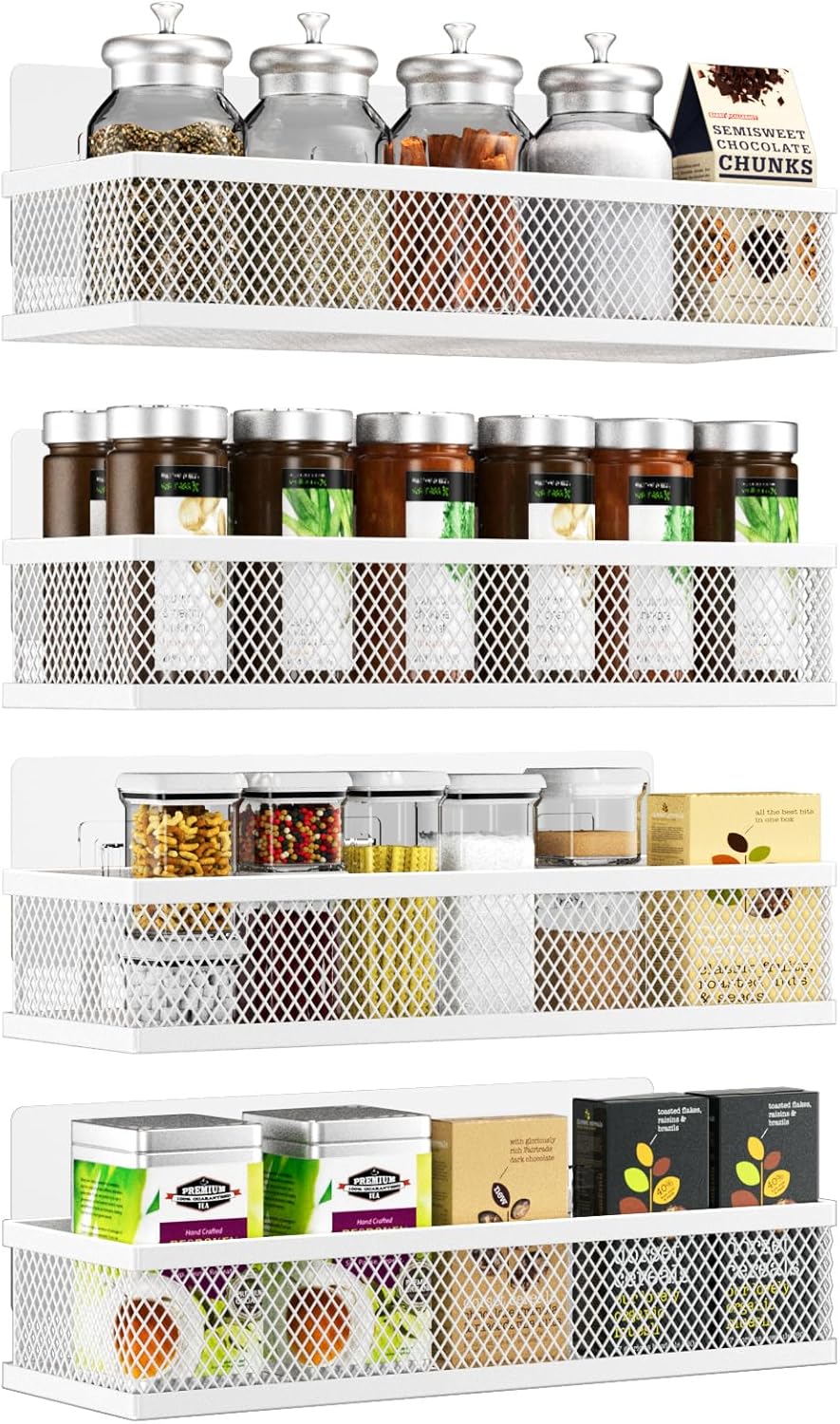 Spice Rack Wall Mount, 4 Pack Wall Spice Rack & Hanging Storage Baskets Organizer Wall Mount, Large Capacity Metal Spice Shelf for Kitchen Cabinet, Pantry Doors, Bathroom, Shower, Home Decor