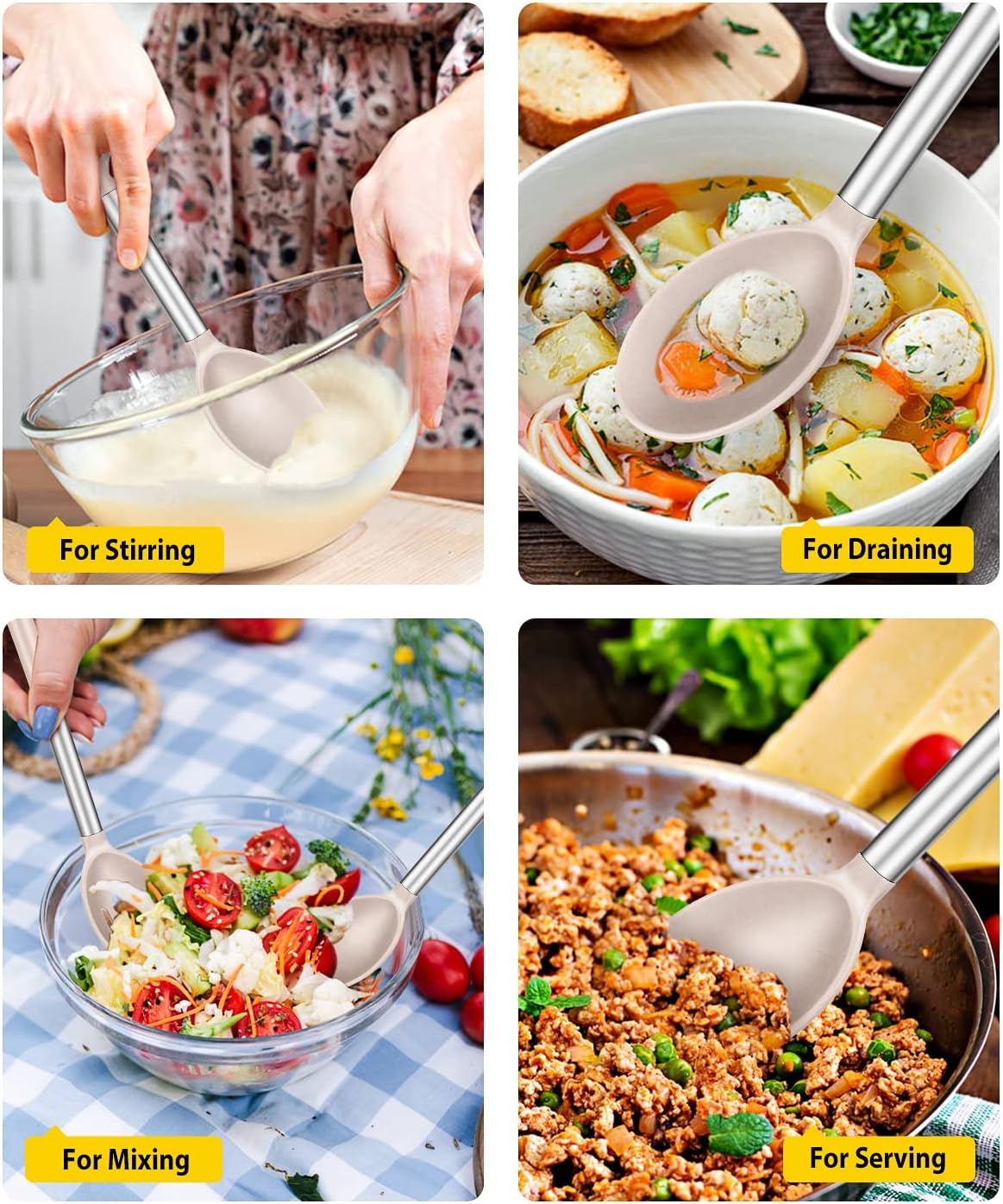 Pack of 2 Large Silicone Cooking Spoons,Non Stick Solid Basting Spoon,Heat-Resistant Kitchen Utensils for Mixing,Serving,Draining,Stirring (STAINLESS STEEL KHAKI)