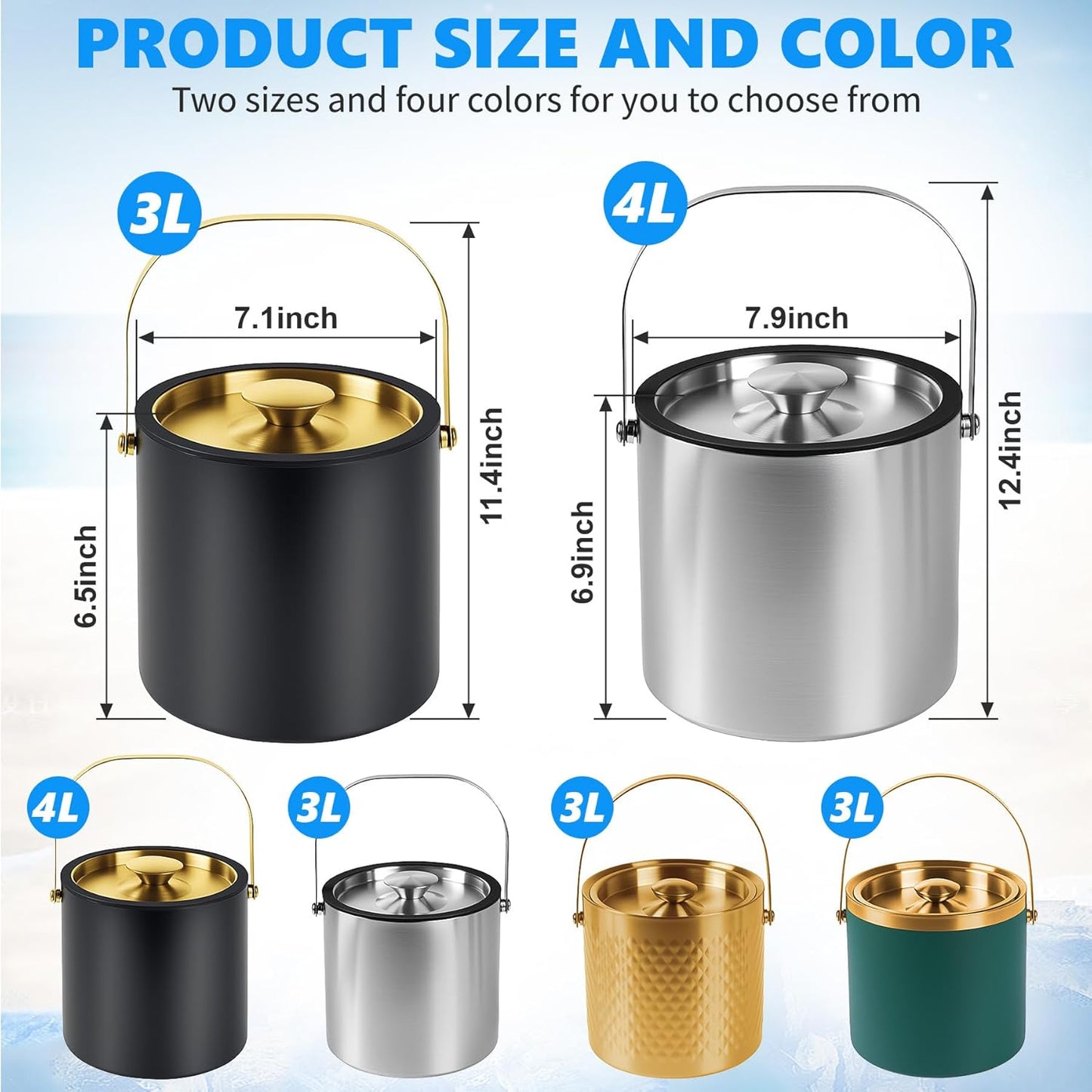 Ice Bucket, Ice Bucket with Silicone Sealing Ring Double-Wall Vacuum Insulation Champagne Buckets with Filter Layer Ice Tongs Ice Scoop (Silver, 3 L)