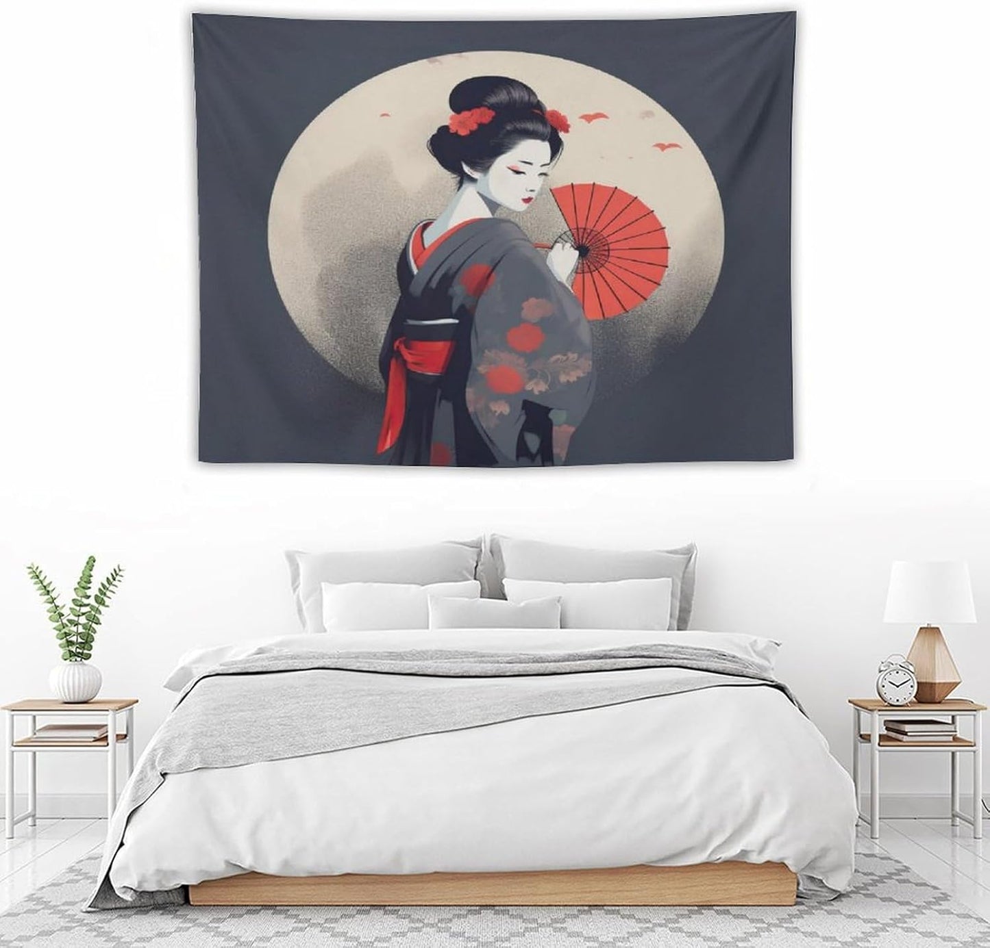 Japanese Woman Geisha Tapestry Asian Red Cherry Blossom Red Sun Traditional Kimono Folk Tapestries Home Decor for Living Room Bedroom Apartment Farmhouse Dorm 40"x30"