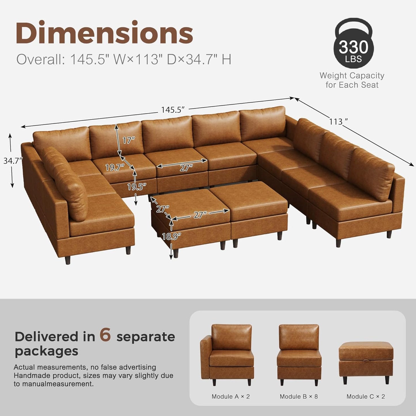Oversized 145.5" Faux Leather Modular Sectional Sofa, Modern Large 12 Seater U Shaped Couch with Storage Seat with Reversible Chaise Deep Seat for Living Room DIY Combination - Brown