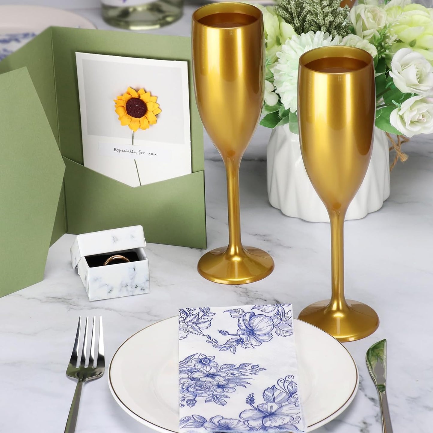 XUWAIDSGN Acrylic Champagne Flutes Toasting Glasses Unbreakable Mimosa Bar Reusable Wine Glasses Vintage Champagne Flutes Stemmed Drinking Cups 5.4 OZ for Christmas Birthday (10, Gold)