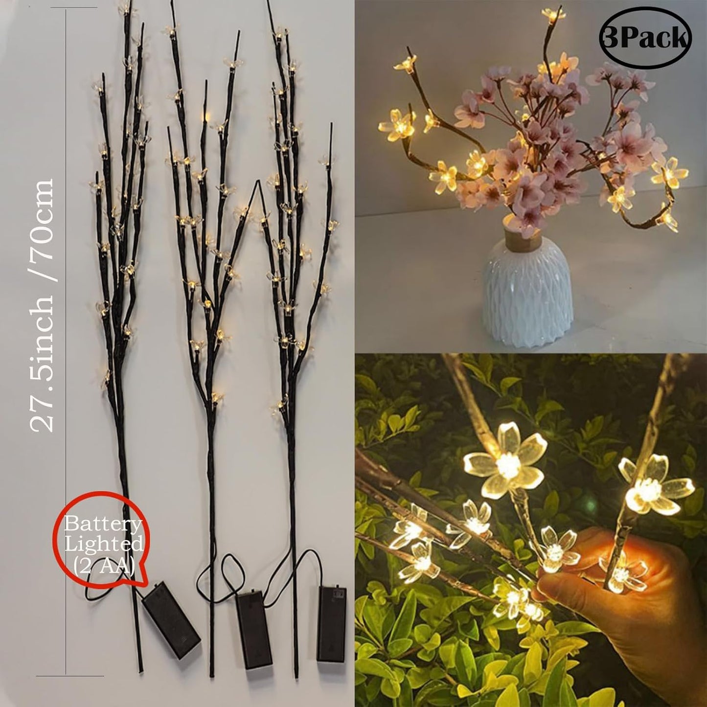 Battery Lighted Branches for Vase, 3 Pack 60 LED Fairy Artificial Cherry Blossom Flower Twig Stick Lights for Valentines Holiday Decor, Indoor Bonsai Tree Christmas Decorations (Warm White)