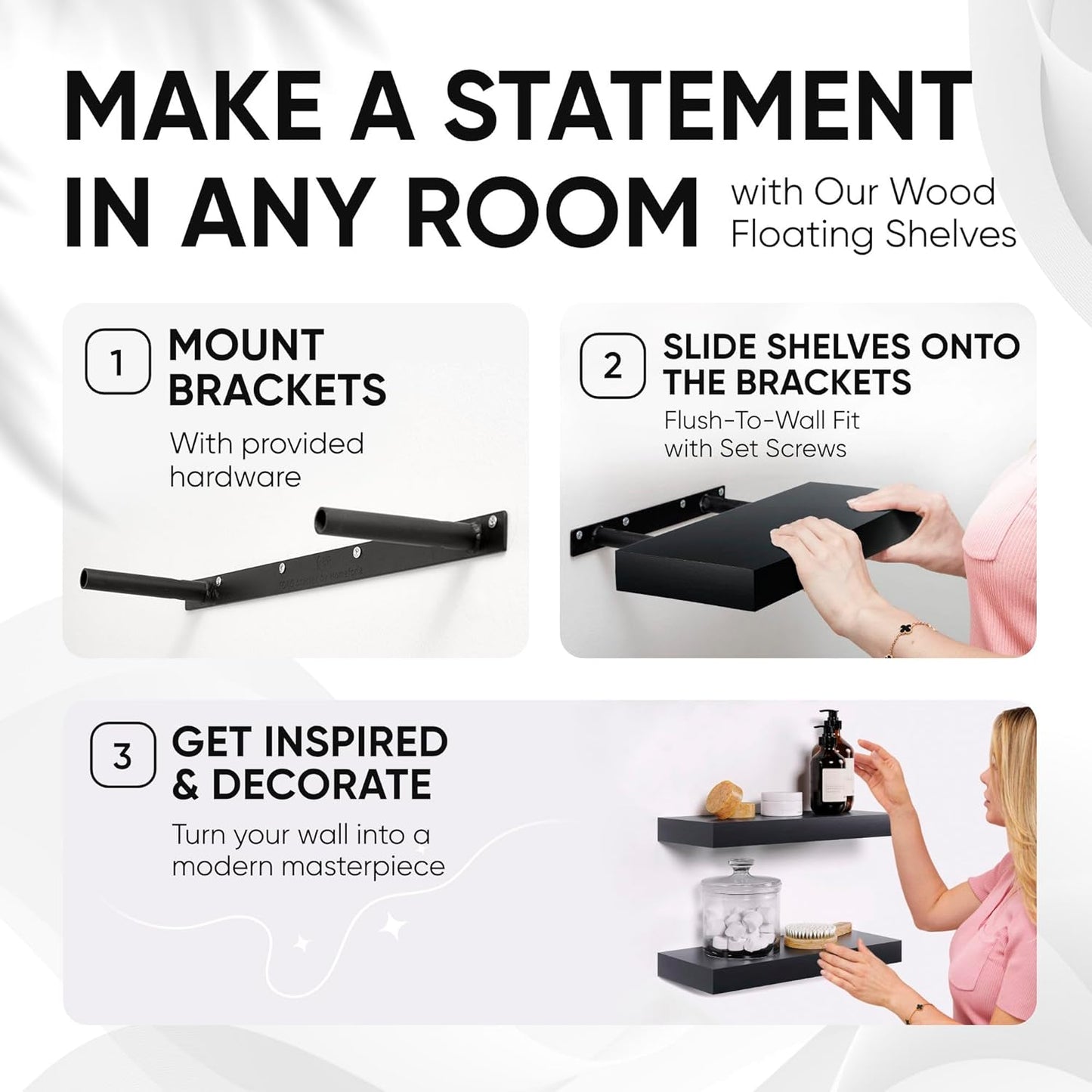 Homeforia 16 inch Black Floating Shelves, High End Solid Real Wood 16inch Bathroom Floating Shelves for Wall Mounted, 16in Wooden Small Floating Shelf, Heavy Duty Bracket, 16 X 6.5 X 1.75 in, Set of 2