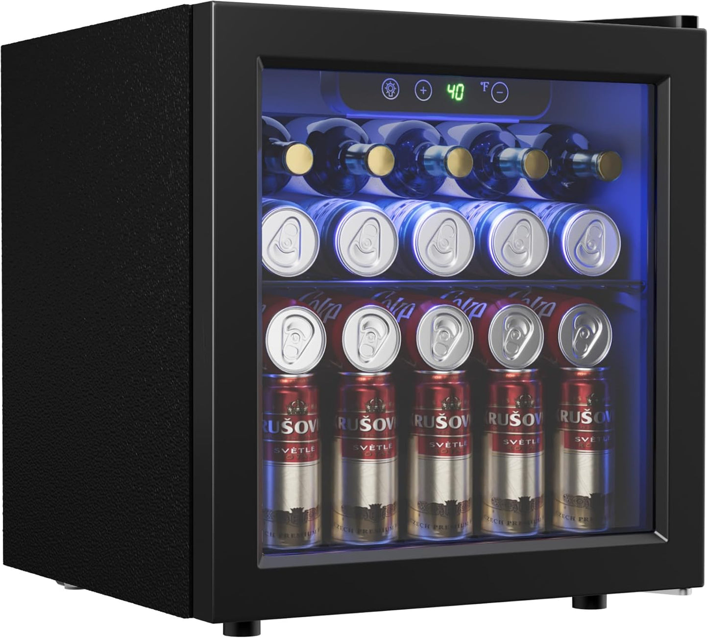 48 Can Beverage Refrigerator Cooler, Mini Fridge Glass Door with Adjustable Shelves, Freestanding Beverage Fridge with Blue LED for Home/Office/Dorm/Bar, 1.3 Cu.ft