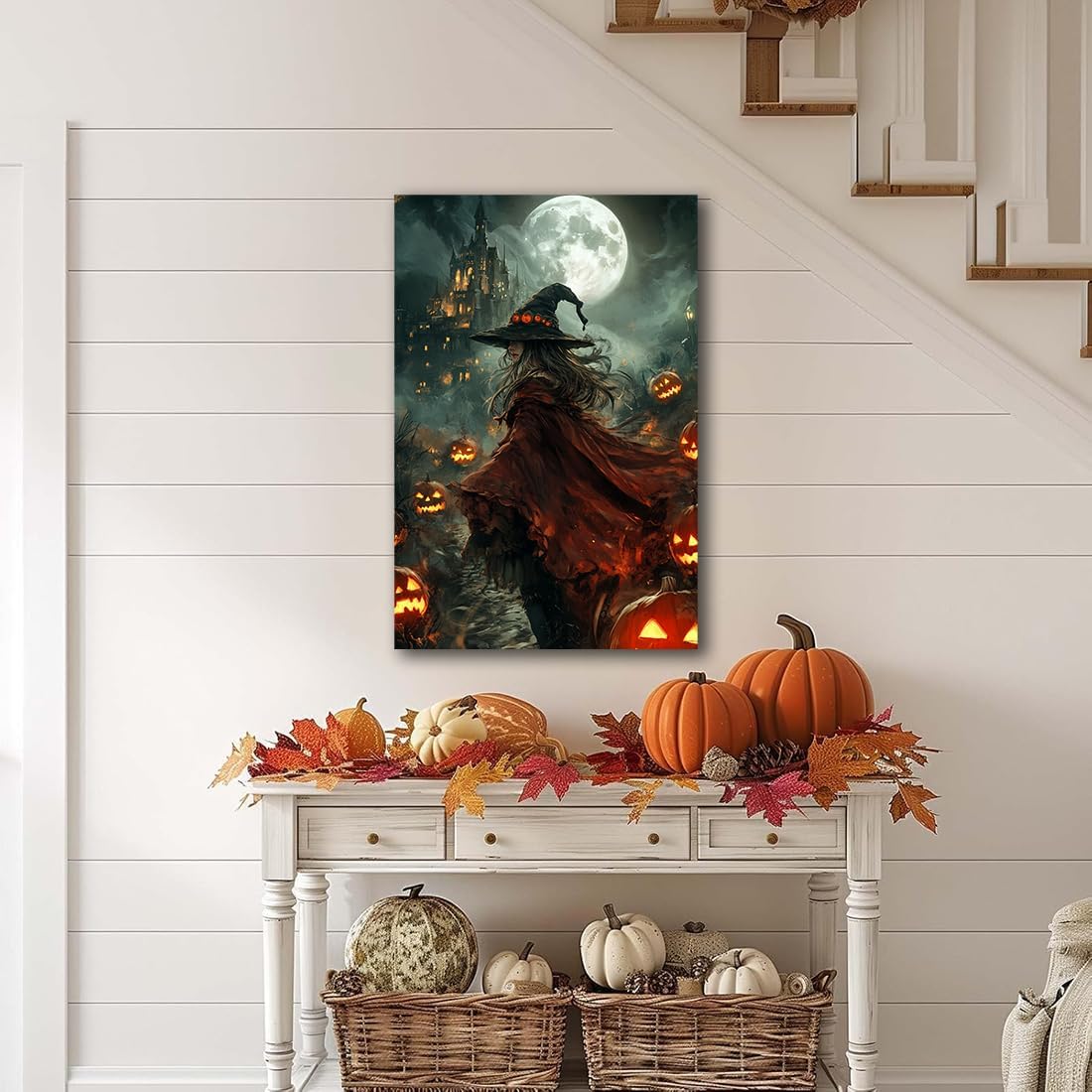 Dark and Moody Gothic Witch Poster Wall Art,Vintage Rustic Witch in Cloak with Castle Pumpkin Road Dark Gothic Poster,Goth Spooky Season Halloween Prints for Fantasy Office,24"x36" Unframed