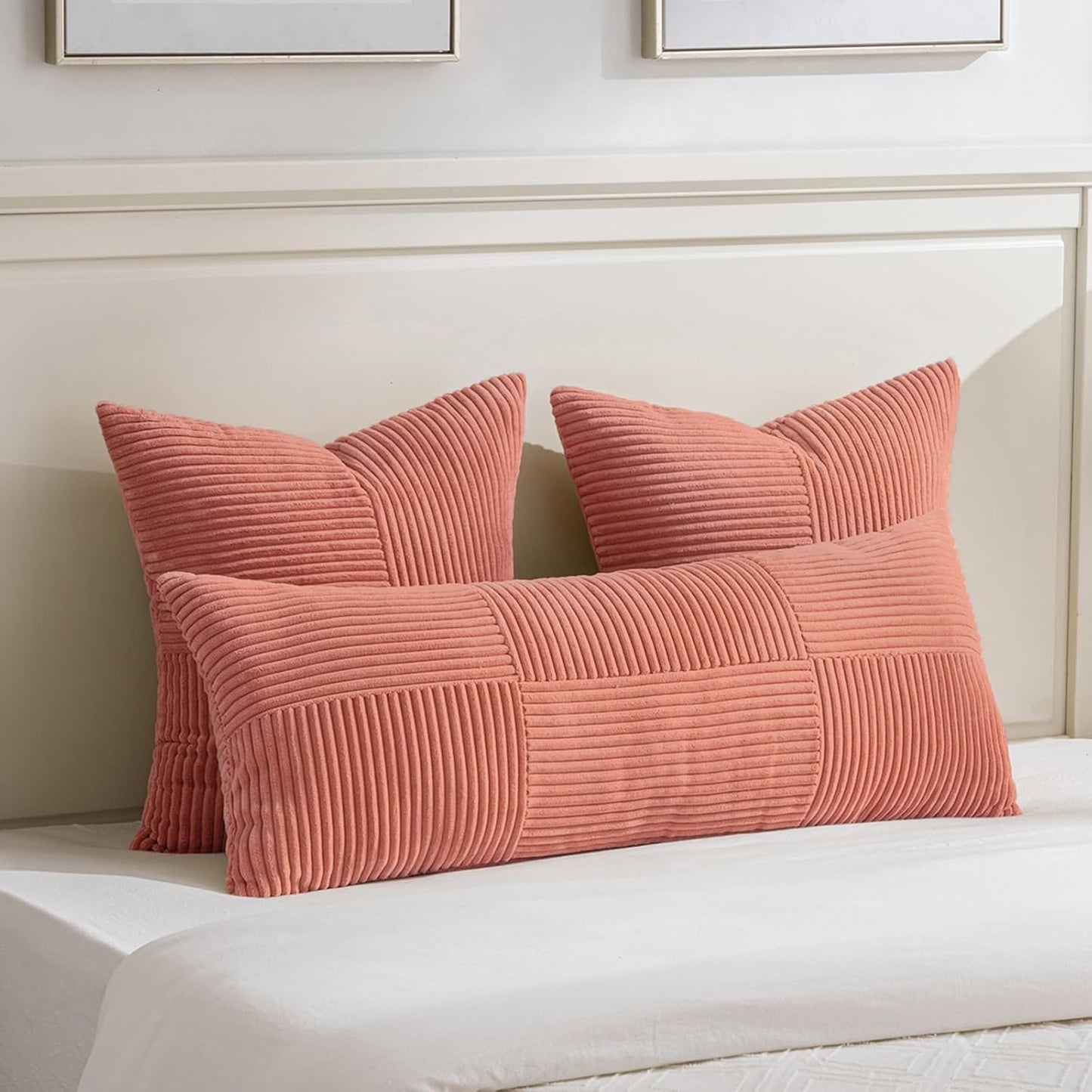 Fancy Homi 2 Packs Coral Euro Decorative Throw Pillow Covers 26x26 Inch for Living Room Couch Bed, Farmhouse Boho Home Decor, Soft Corss Corduroy Patchwork Textured Square Peach Cushion Case 66x66 cm
