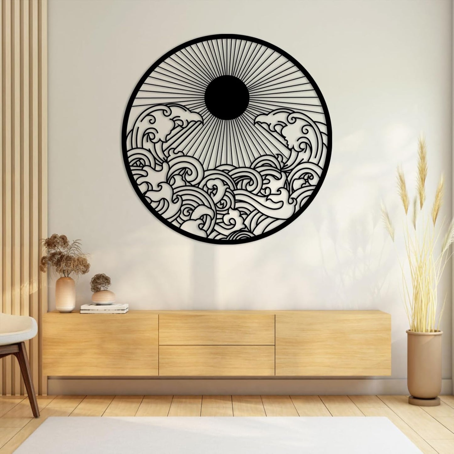 Metal Sun Wall Decor Outdoor, Sunrise Metal Wall Art, Metal Wave Wall Art, Sunrise and Wave Wall Decor, Sunburst Wall Art, Sunset Wall Art, Wall Hangings for Bedroom (Silver, 39x39in|100x100cm)