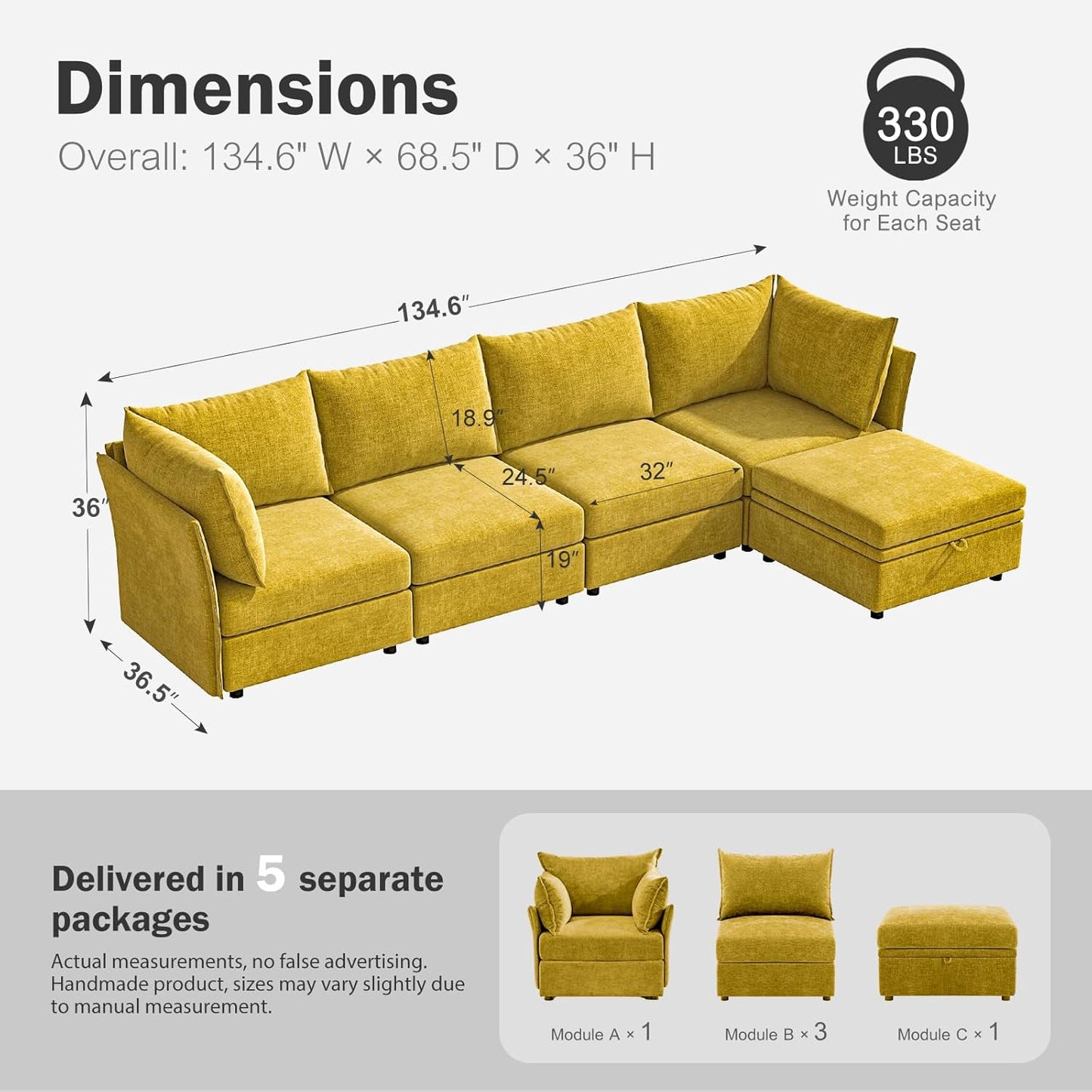 134.6" Luxury Modular Sectional Convertible Sofa with Storage Ottoman, L-Shape 5-Seat Oversized Comfy Couch Deep Seat with Reversible Chaise - Chenille Yellow