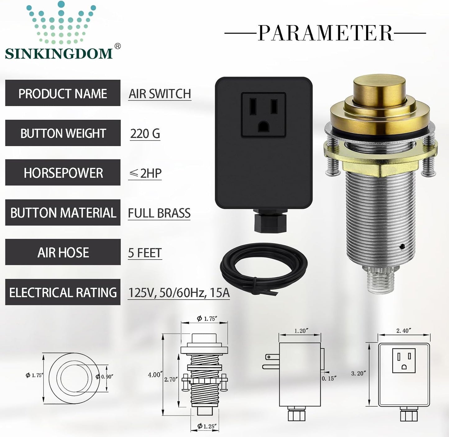 SinkTop Air Switch Kit (Long Full Brass Button) for Garbage Disposal, Cordless Champagne Bronze