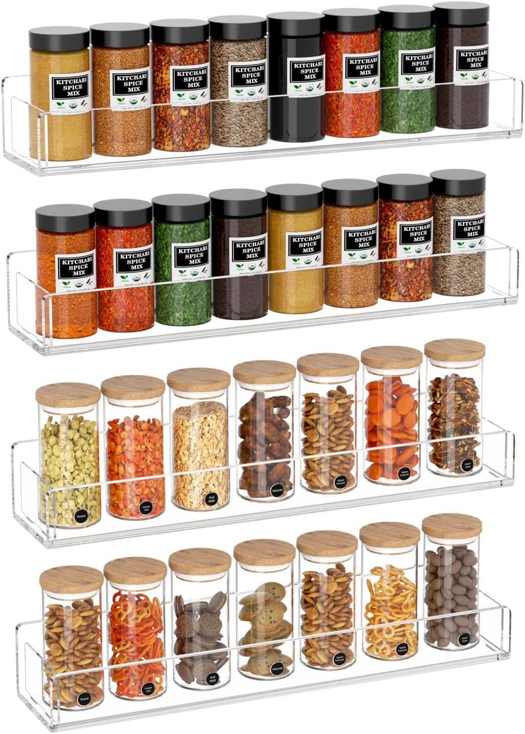 NIUBEE Wall Mounted Spice Rack Organizer,Clear Acrylic Spice Shelf Storage Holder,Hanging Seasoning Rack Organizer for Wall Kitchen 4 Pack