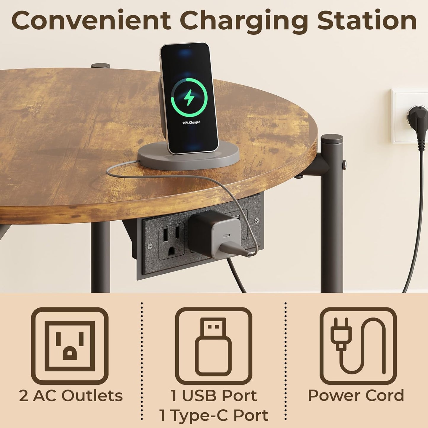 LIKIMIO Side Table, 23.6" W Round End Table with Charging Station, Modern Wooden Nightstand for Small Spaces, Living Room, Bedroom, Rustic Brown