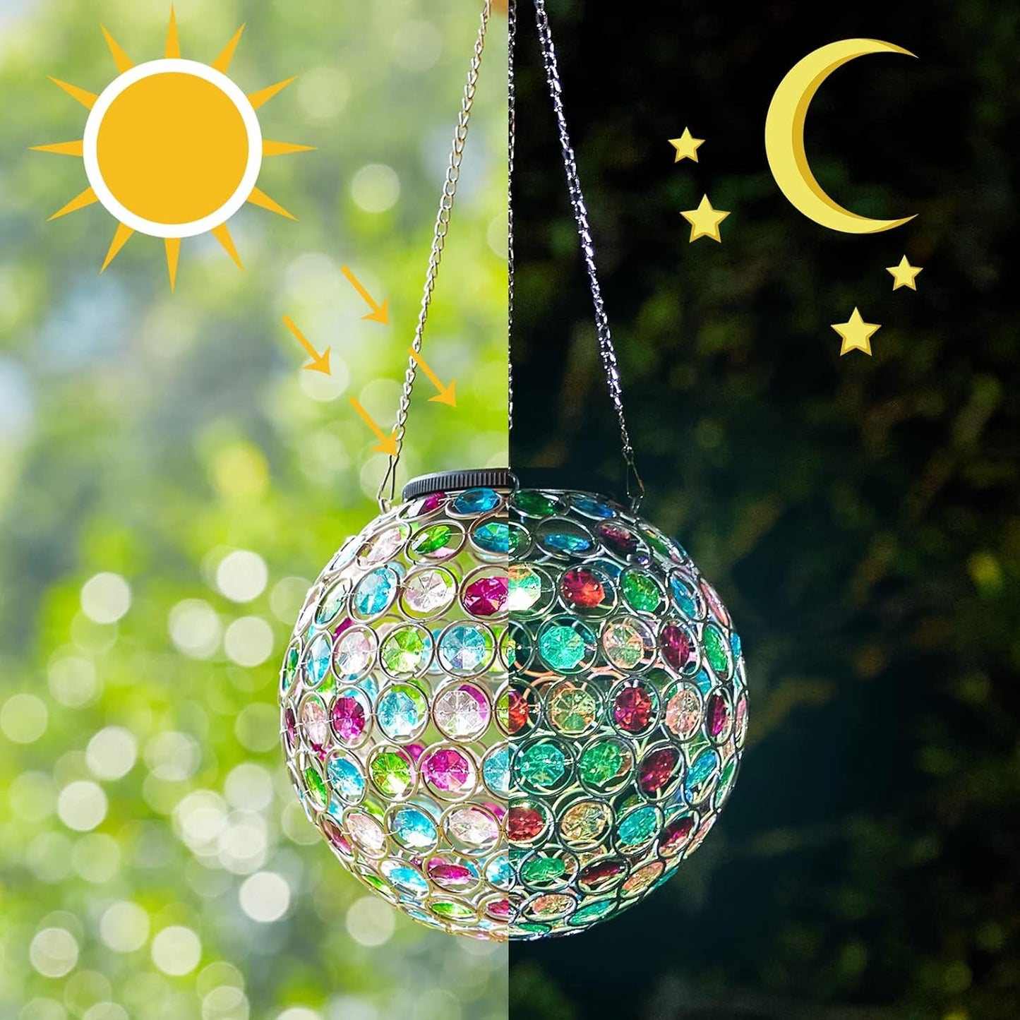 Solar Hanging Lantern Outdoor Lights, Dual LEDs Color Changing and Cool White Hanging Light Waterproof Crystal Globe Lamp Decoration in Garden, Pathway, Front Door - Multi Color