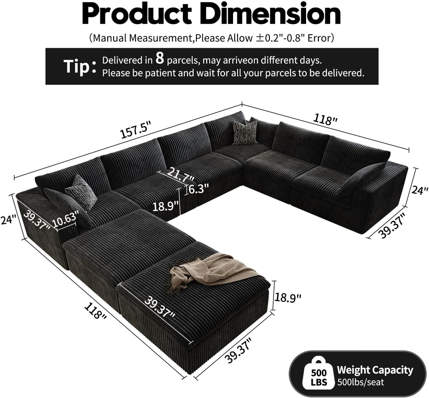 157.5" Cloud Couch Oversized Modular Sectional Sofa for Living Room,Modern Sofa with Deep Seat，8 Seater Boneless Couch with 2 Ottoman,Comfy Upholstered Couches for Apartment, Studio, Office,Black