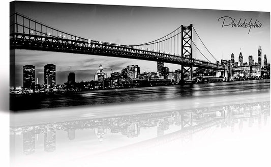 DJSYLIFE- Philadelphia Skyline Wall Art,Black and White Stretched Canvas Wall Art Prints for Bedroom or Office Decoration, Ready to Hang 13.8"x47.3"