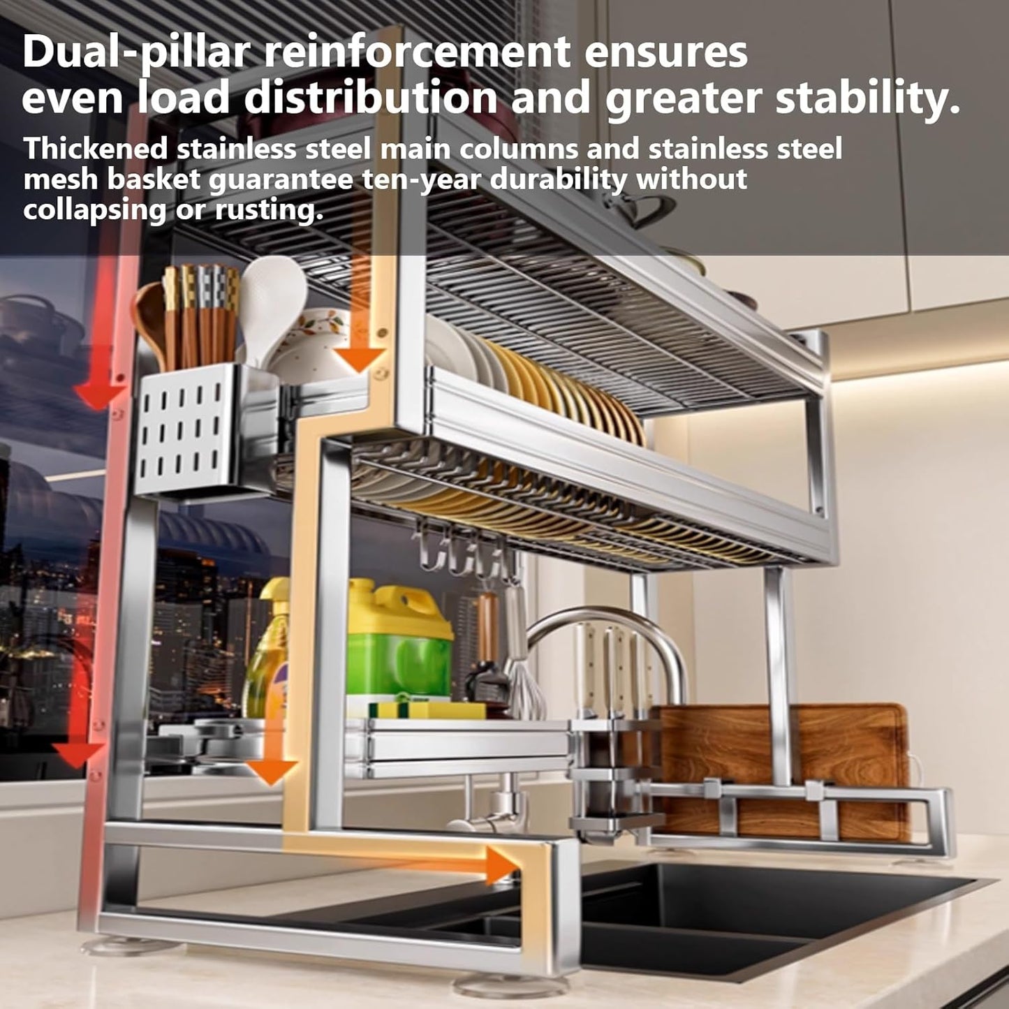 Kitchen Sink Rack Sink Above The Dish Drain Dish Washing Rack Stainless Steel Multifunctional Dish Storage Rack,Over The Sink Drying Rack for Dishes(2,55cm/21.7in)