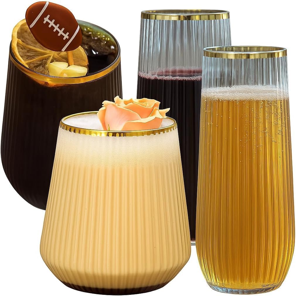 24 Pack Ribbed Origami Ripple Plastic Glasses, 12-9 Ounce Stemless Champagne Flutes & 12-12 Ounce Cups, BPA-Free Disposable Shatterproof Toasting Glasses for Weddings, Bars, and Events (Gold Rim)