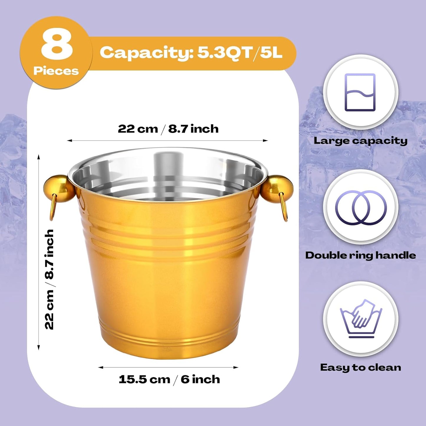 Amyhill 8 Pack Stainless Steel Ice Bucket 5.3 Quart/ 5 Liter with Handle Large Insulated Champagne Buckets Beer Bucket for Cocktail Bar Wine Parties Chilling Wine Champagne Home(Gold)