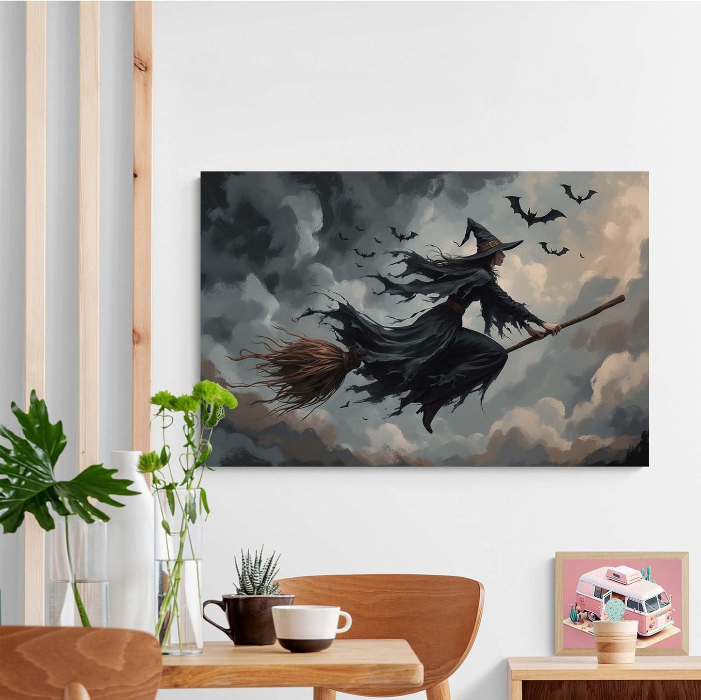 JFHCQJPK Witch and bat flying Halloween poster suitable for home party wall decoration retro Halloween preppy style wall art canvas print suitable for room decoration8x12in Frameless
