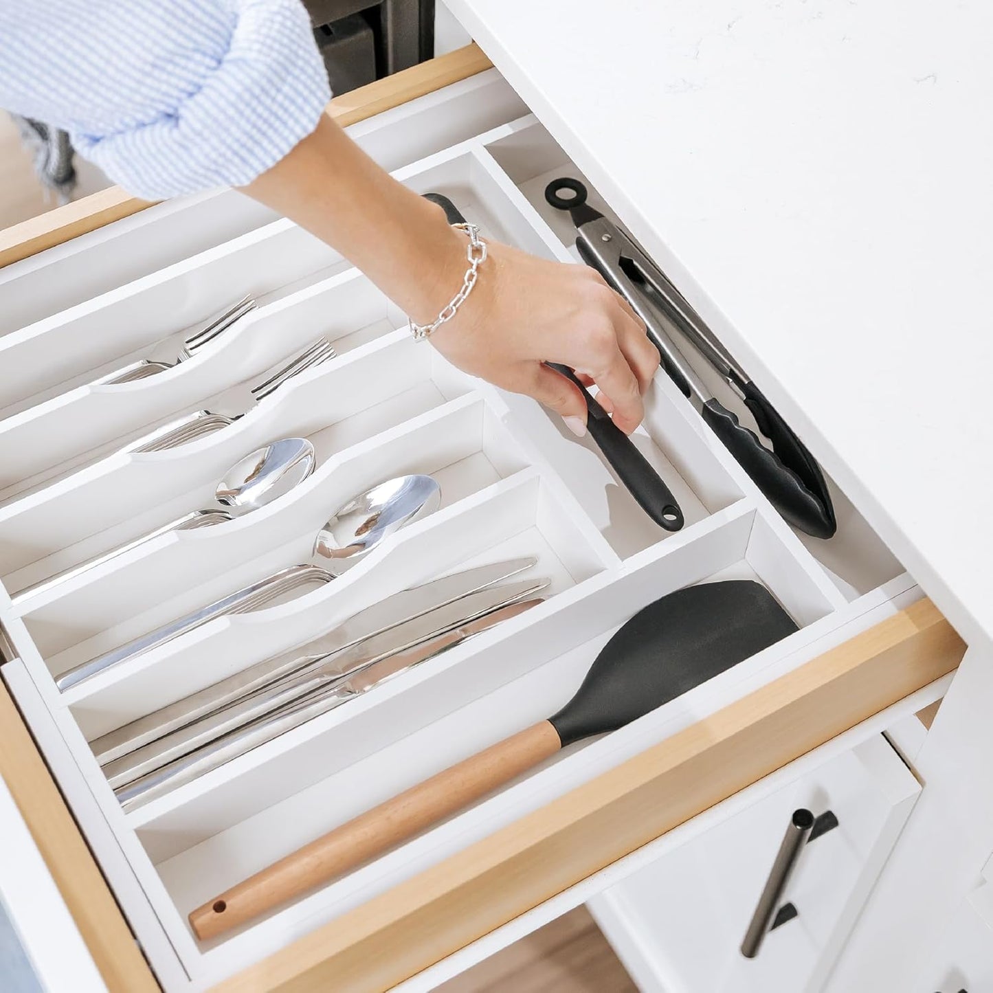Premium Silverware, Flatware and Utensil Organizer for Kitchen Drawers, Food-Safe Contract Grade, Expandable from 14.5 to 25 In, White Bamboo