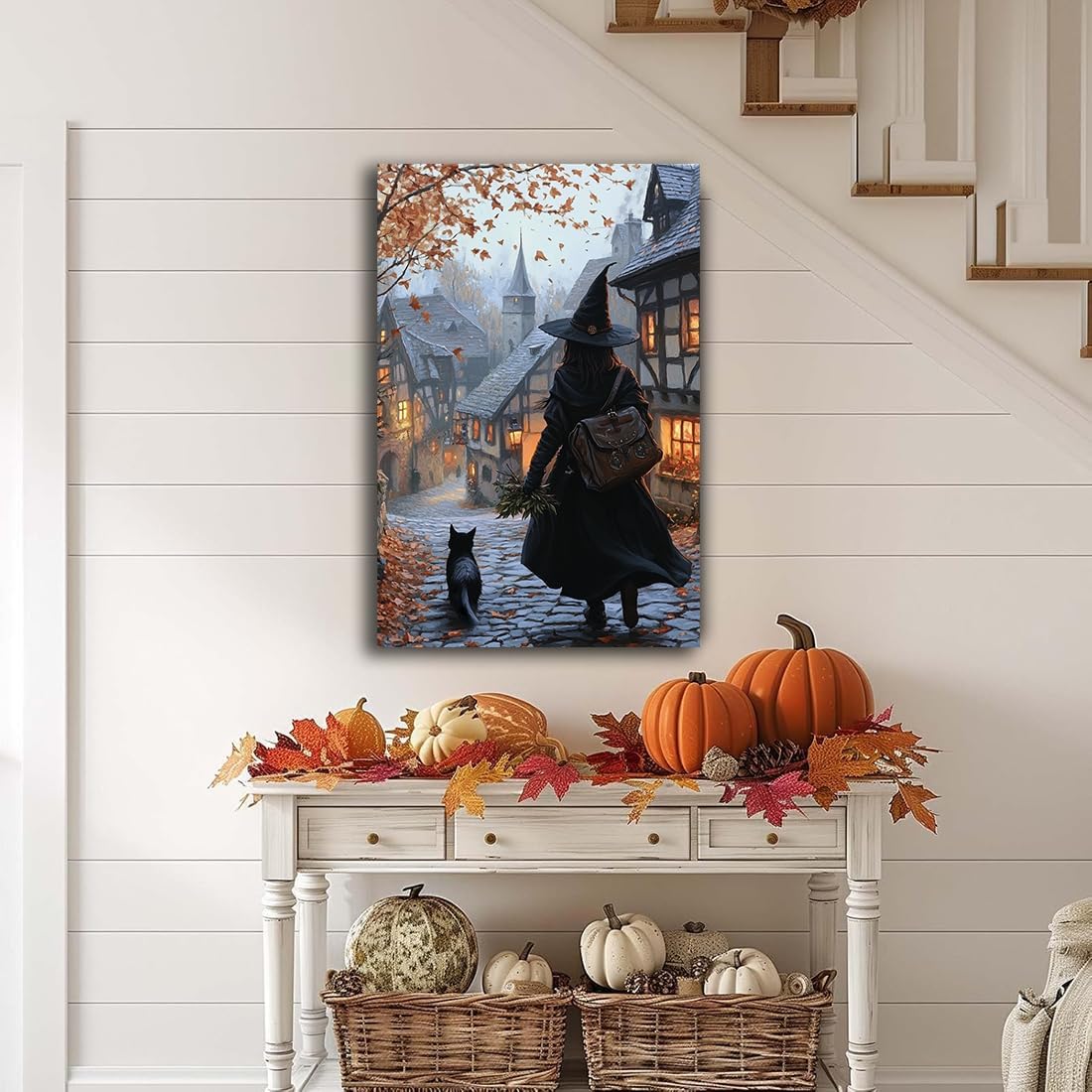 Autumn Witch And Black Cat Picture Wall Decor,Halloween Canvas Vintage Rustic Wall Art,Preppy Bedroom Living Room Bathroom Poster Print,12"x18" Framed